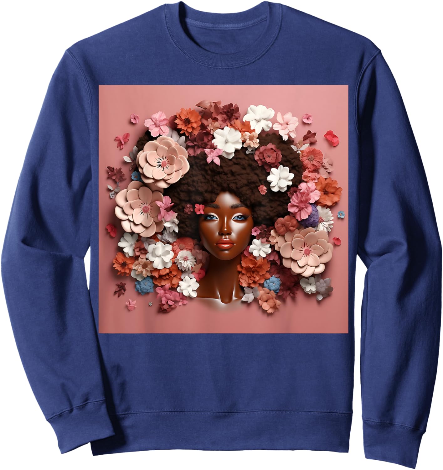 Afro Woman Floral Black Queen Puff Art Melanin Magic Pink Sweatshirt - Sweatshirt | Navy