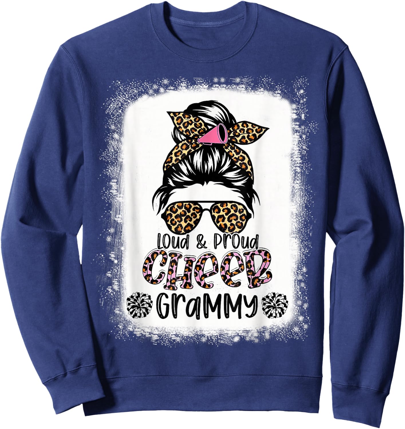 Loud And Proud Cheer Grammy Leopard Messy Bun Bleached Sweatshirt - Sweatshirt | Navy