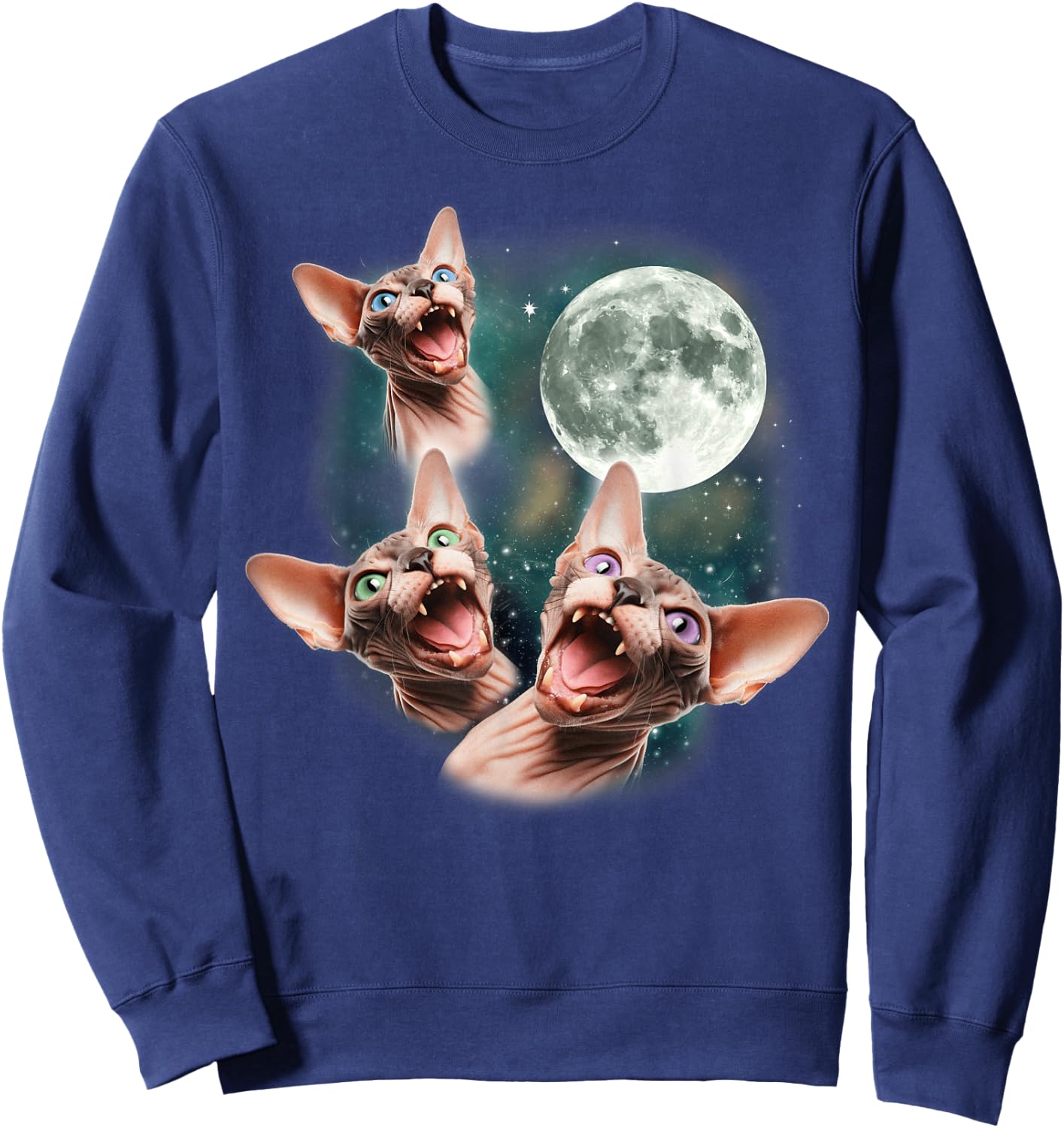 Three Sphynx Moon | 3 Hairless Cats Howling Cursed Wolf Meme Women Kids Sweatshirt - Sweatshirt | Navy