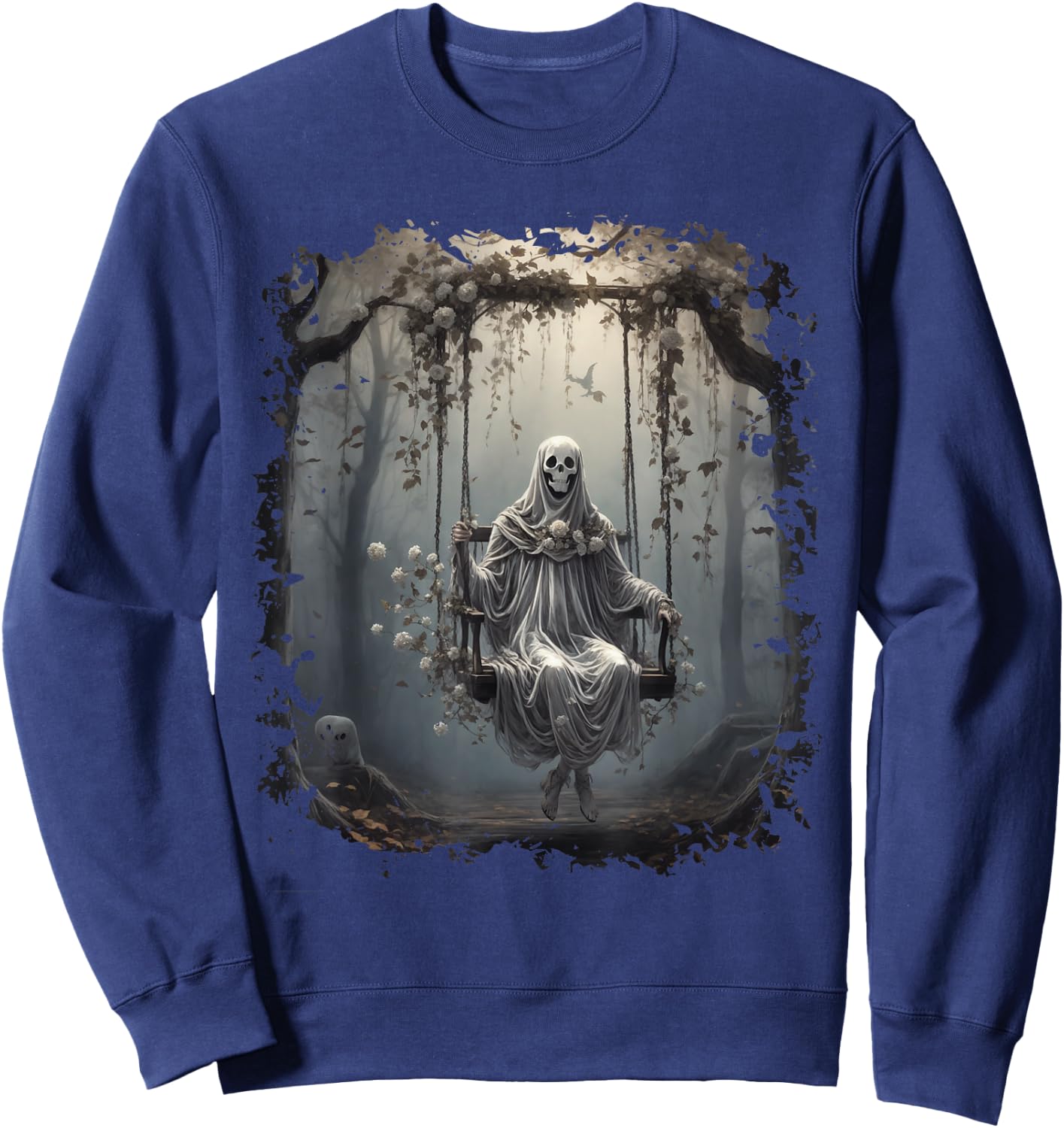 Vintage Floral Ghost On Swing In Forest Halloween Gothic Sweatshirt - Sweatshirt | Navy