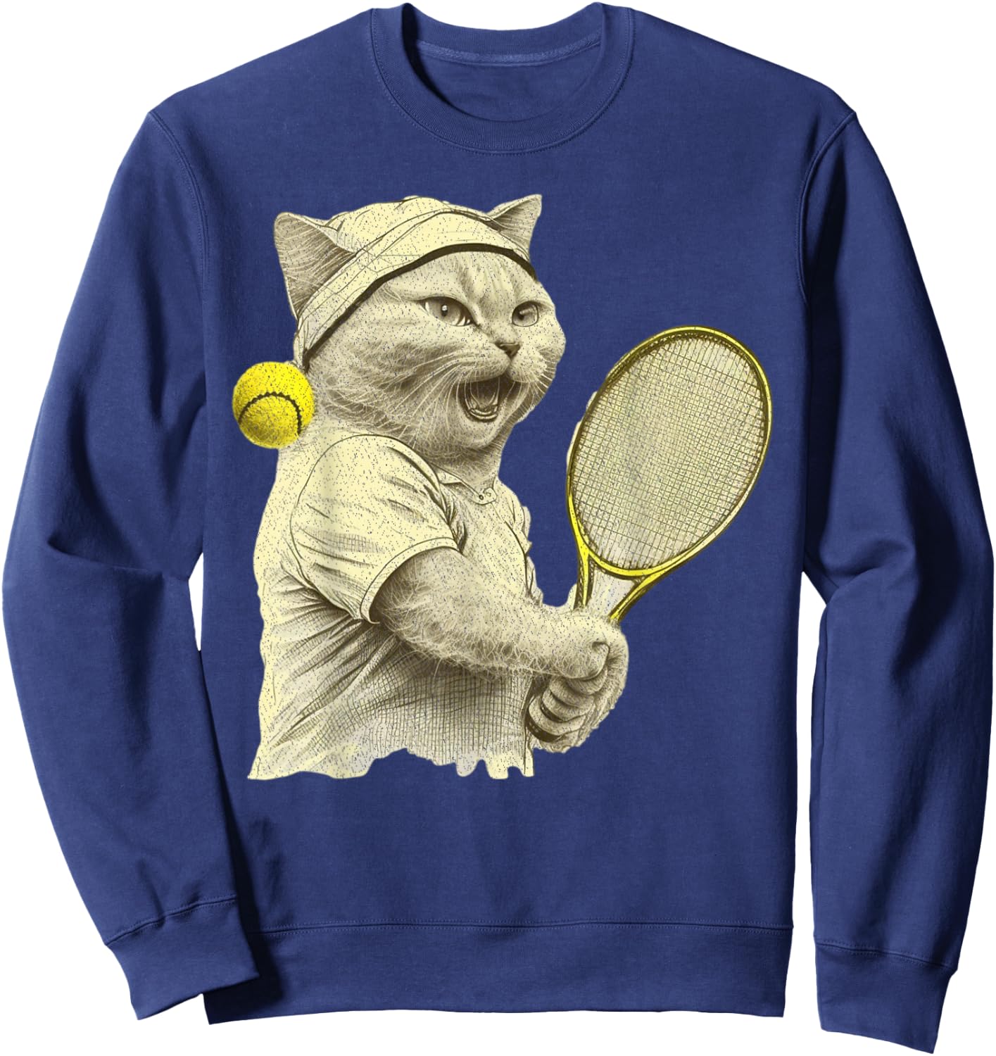 Vintage Cat Playing Tennis, Tennis Racquet, Kitties Lover Sweatshirt - Sweatshirt | Navy