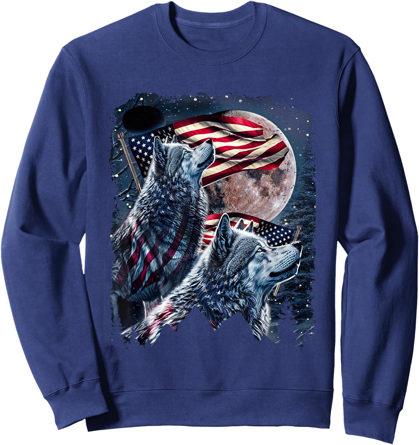 Wolf 4th of July American Flag Howling Wolves Under Moon Sweatshirt - Sweatshirt | Navy