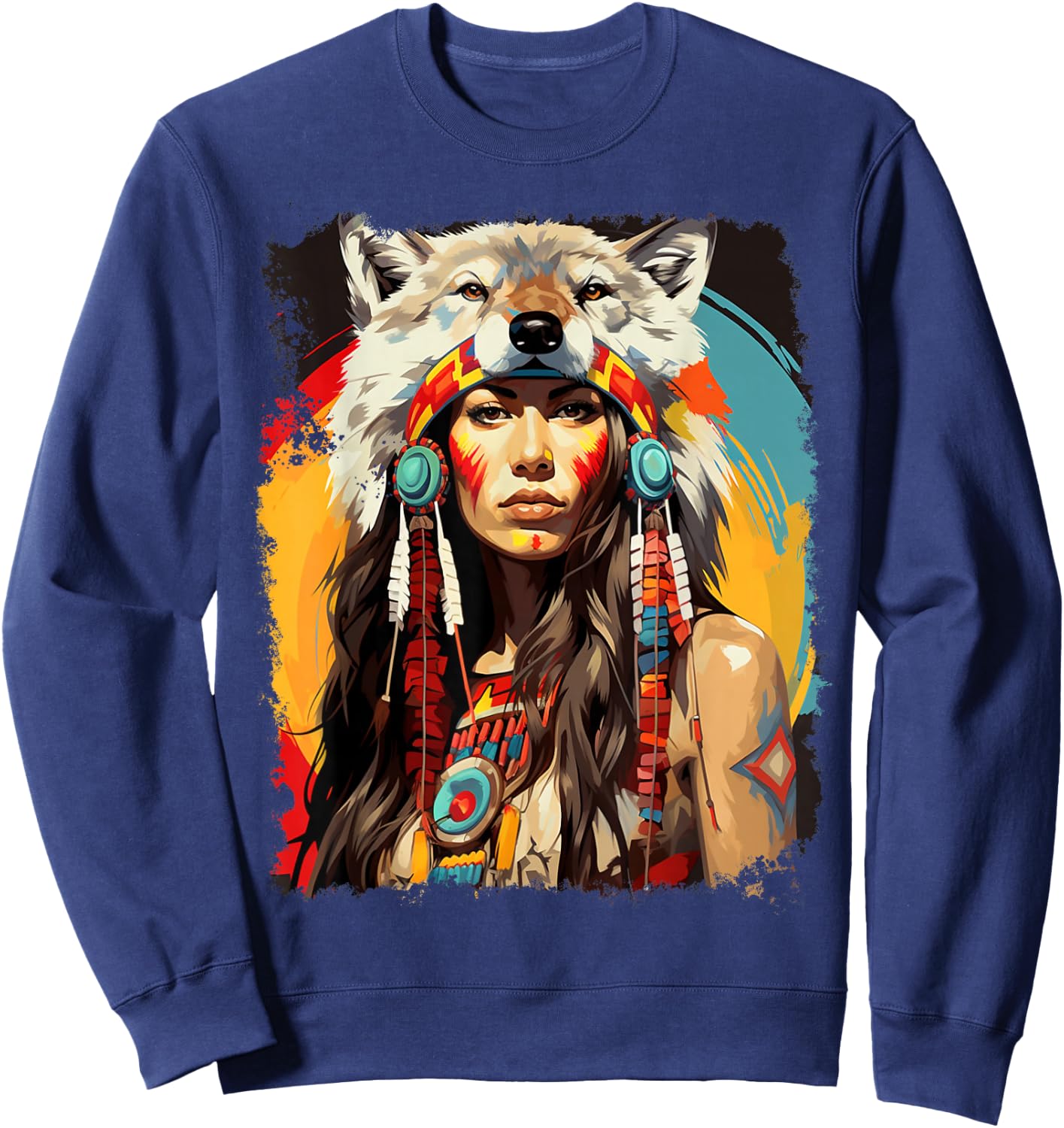 Indigenous Wolfwear Beautiful Native American - -Adults, Black, Small, Short Sleeve, Classic Fit Sweatshirt - Sweatshirt | Navy