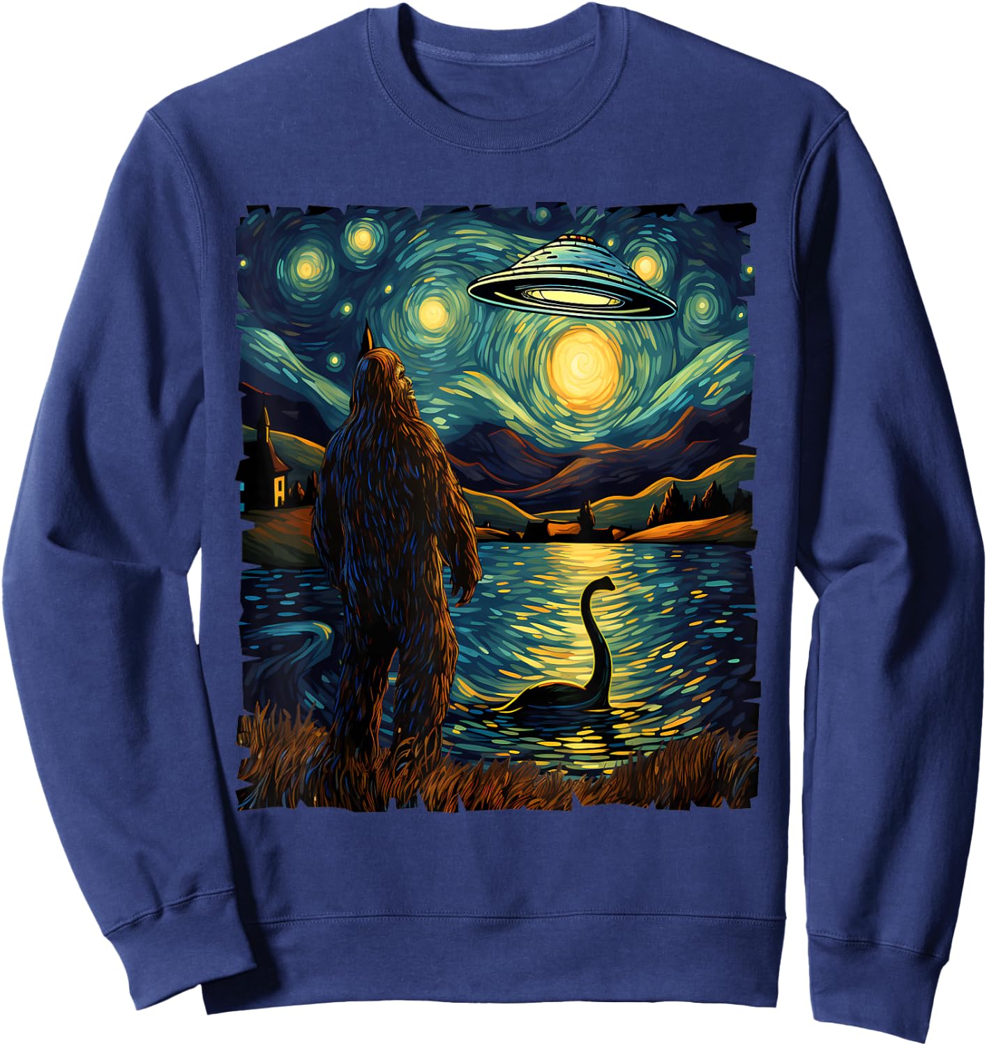 Funny Bigfoot UFO and Nessie Van Gogh Starry Night Painting Sweatshirt - Sweatshirt | Navy