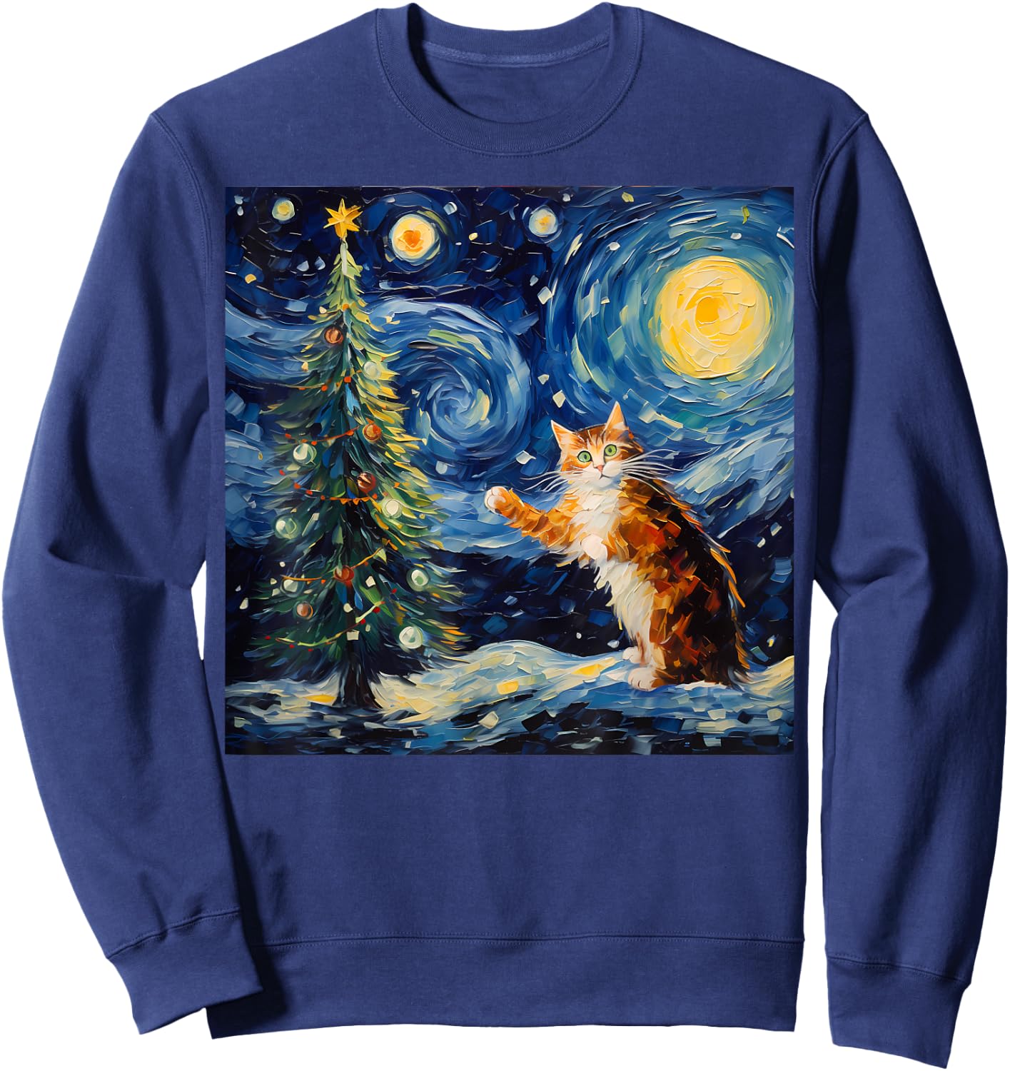 Funny Starry Night Christmas Kitty Kitten Xmas Tree Novelty Sweatshirt - Sweatshirt | Navy
