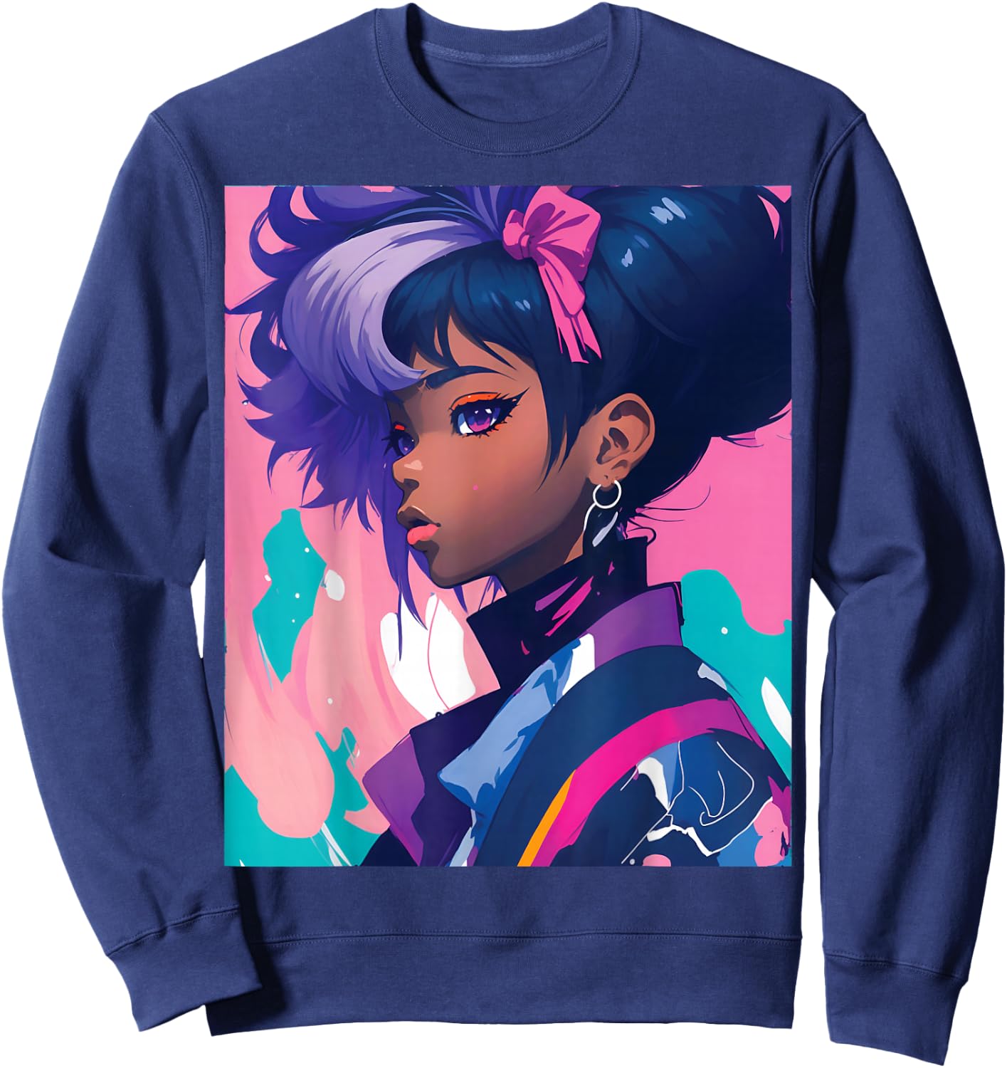Black Anime Girl Kawaii Waifu Aesthetic Japanese Sweatshirt - Sweatshirt | Navy