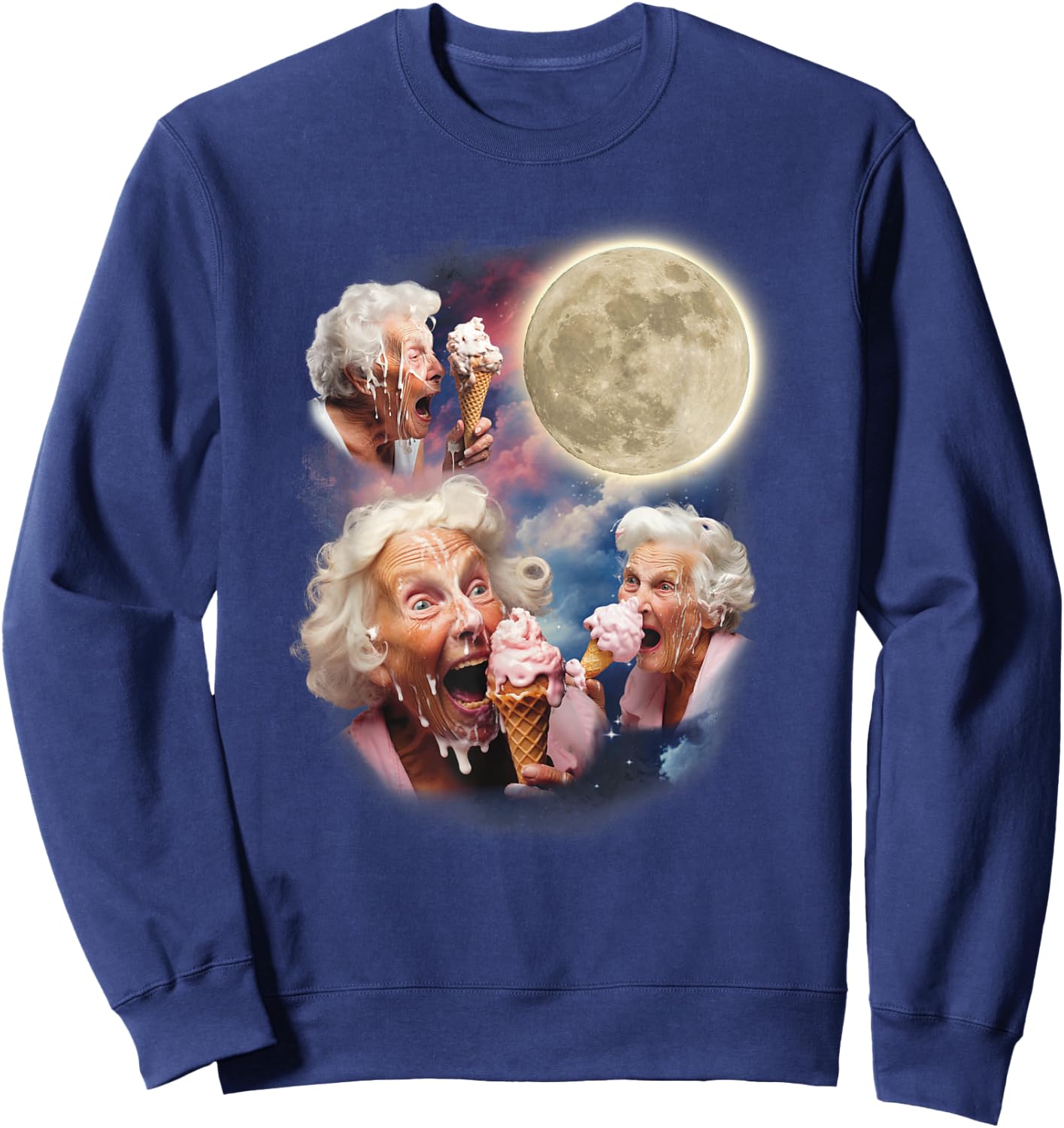 Three Granny Moon Old Ladies Licking Ice Cream Embarrassing Sweatshirt - Sweatshirt | Navy
