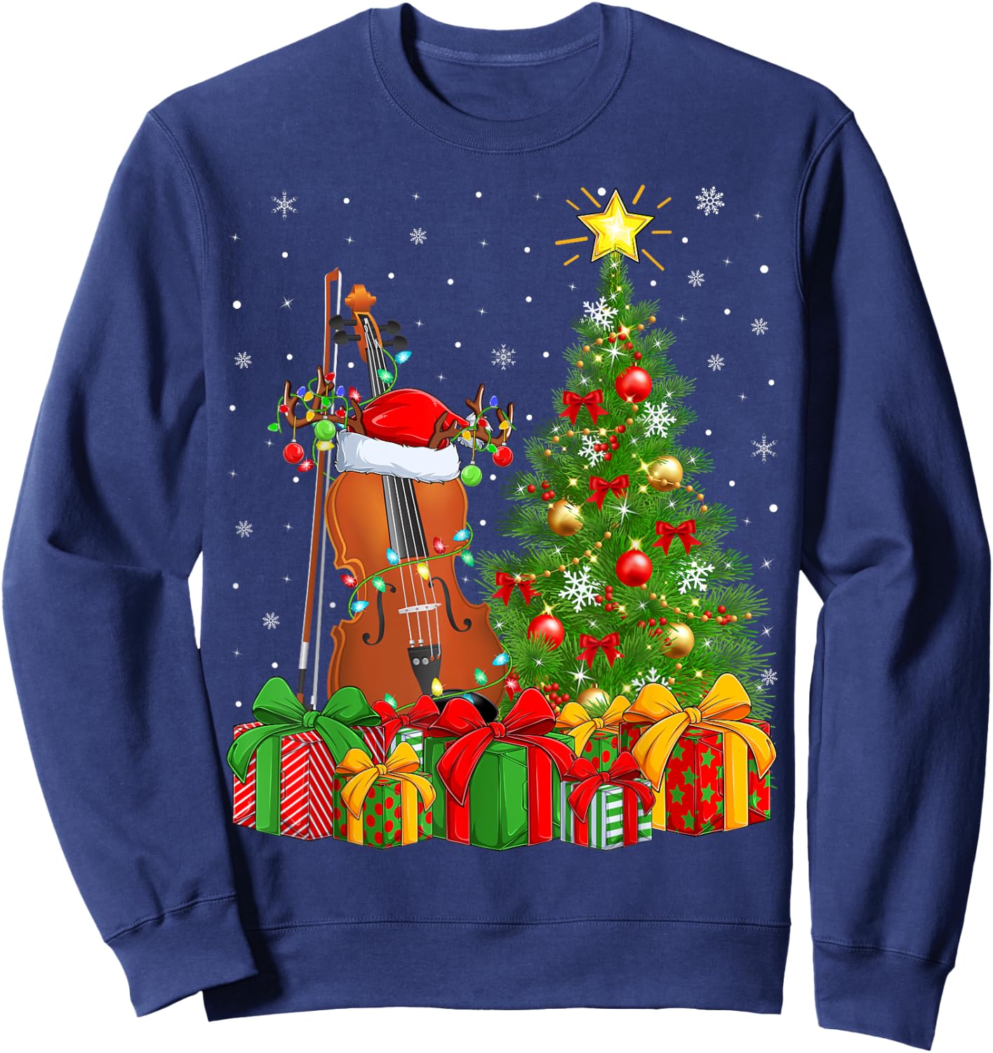 Musical Violin Xmas Tree Lighting Santa Violin Christmas Sweatshirt - Sweatshirt | Navy