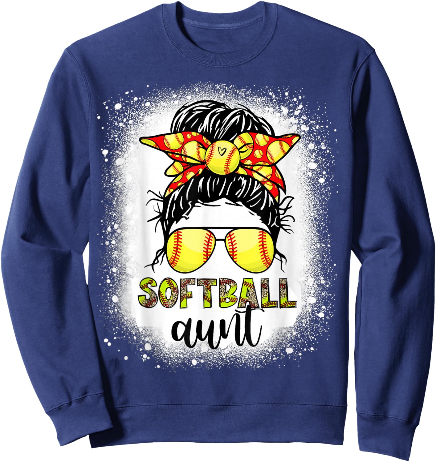 Softball Aunt Messy Bun Leopard Bleached Softball Auntie Sweatshirt - Sweatshirt | Navy