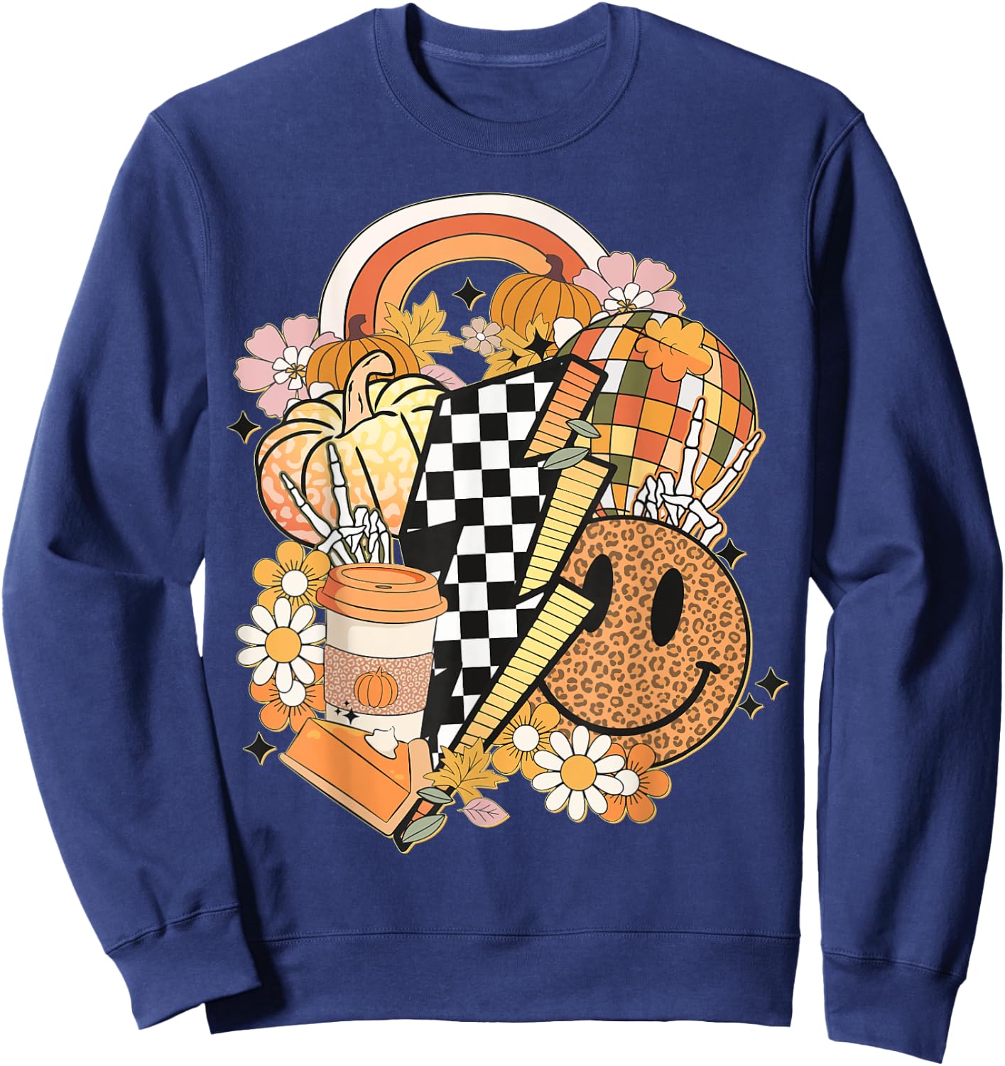 Groovy Fall Vibes Smile Face Autumn Coffee Cup Fall Women Sweatshirt - Sweatshirt | Navy