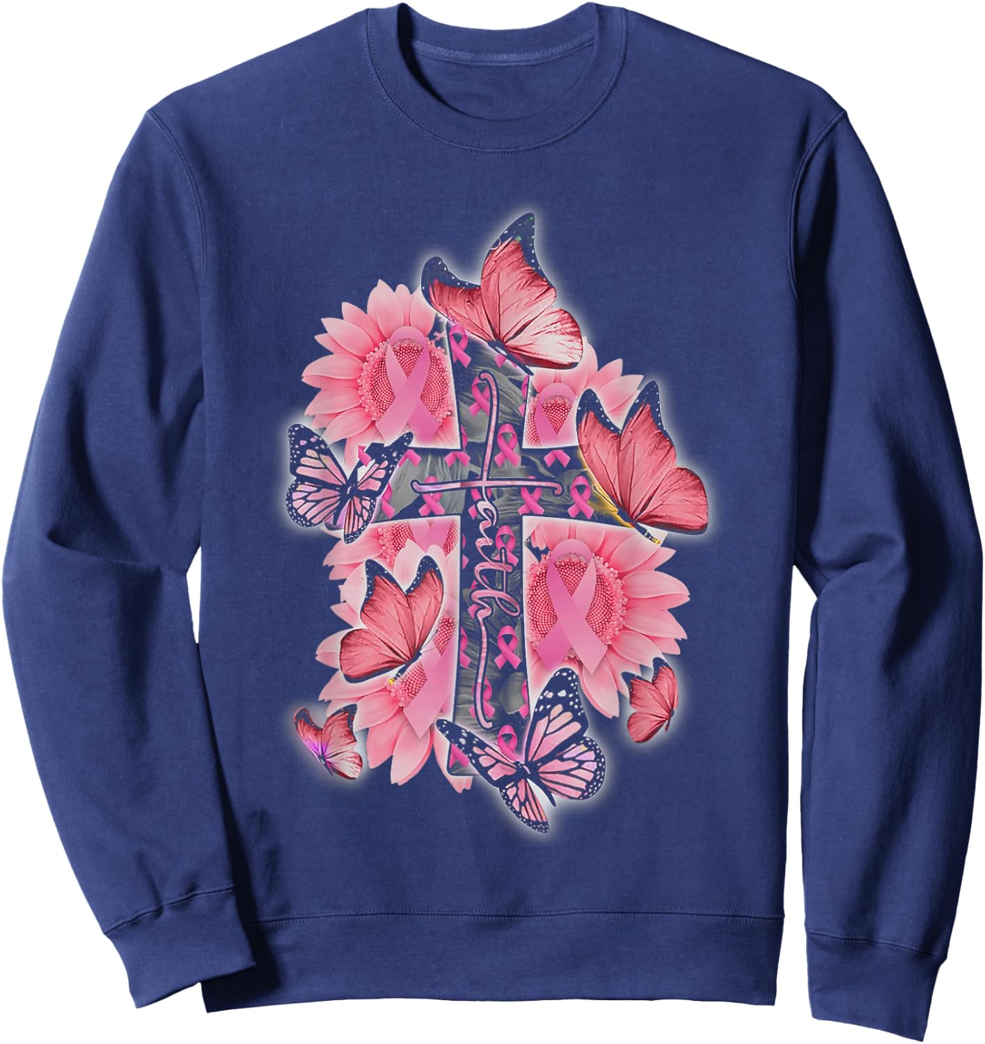 Faith Pink Ribbon Butterflies Breast Cancer Awareness Women Sweatshirt - Sweatshirt | Navy