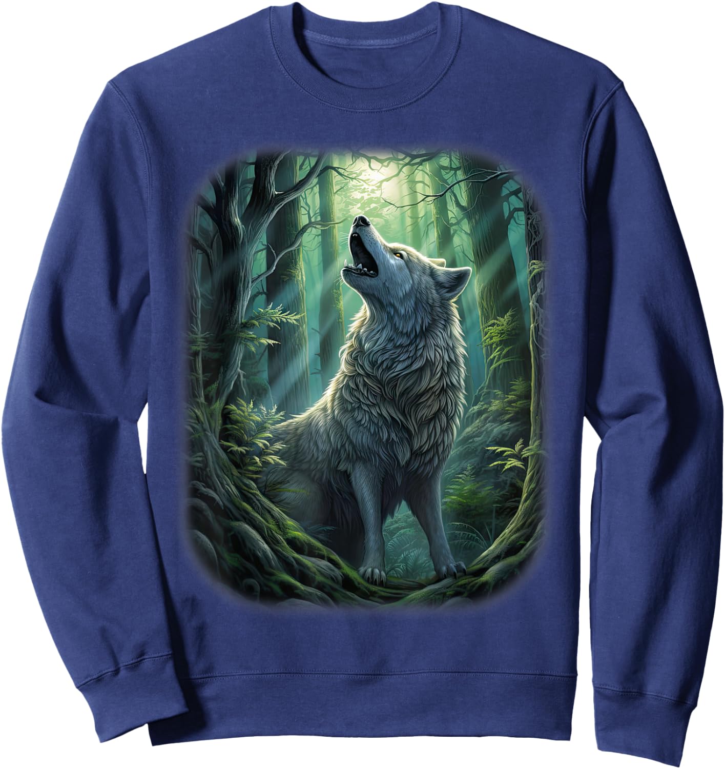 Wolf in the forest howling at the Moon Fantasy Art Wildlife Sweatshirt - Sweatshirt | Navy