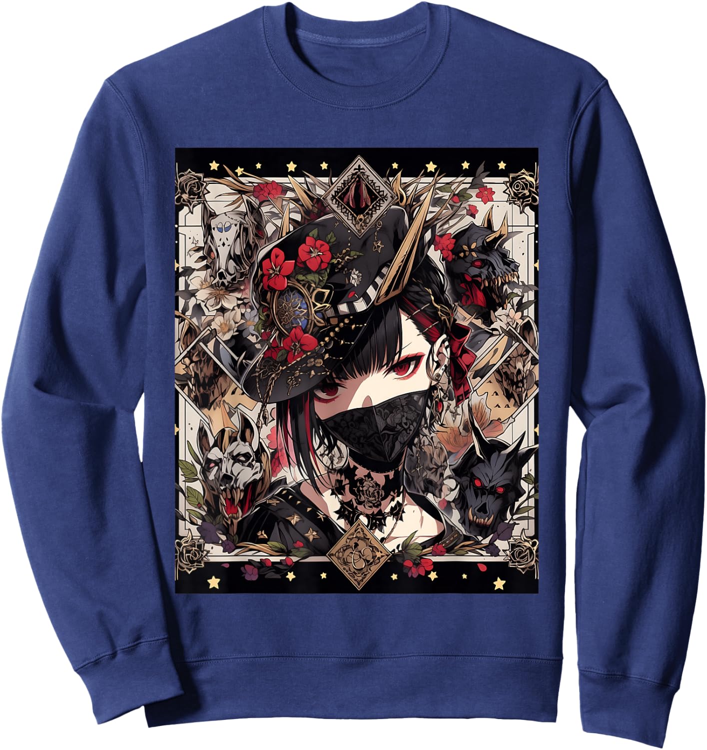Veiled Mystery: Japanese Young Gothic Girl in a Mask Sweatshirt - Sweatshirt | Navy