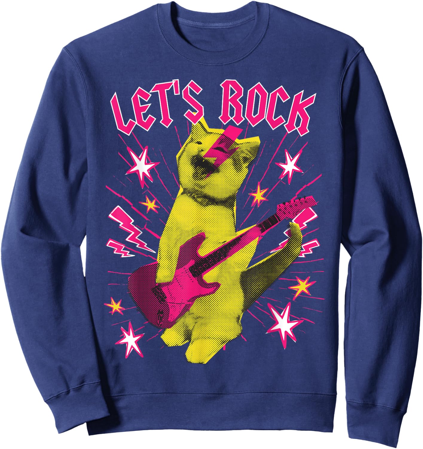 80s Rock N Roll Girl Cat, Let's Rock Sweatshirt - Sweatshirt | Navy