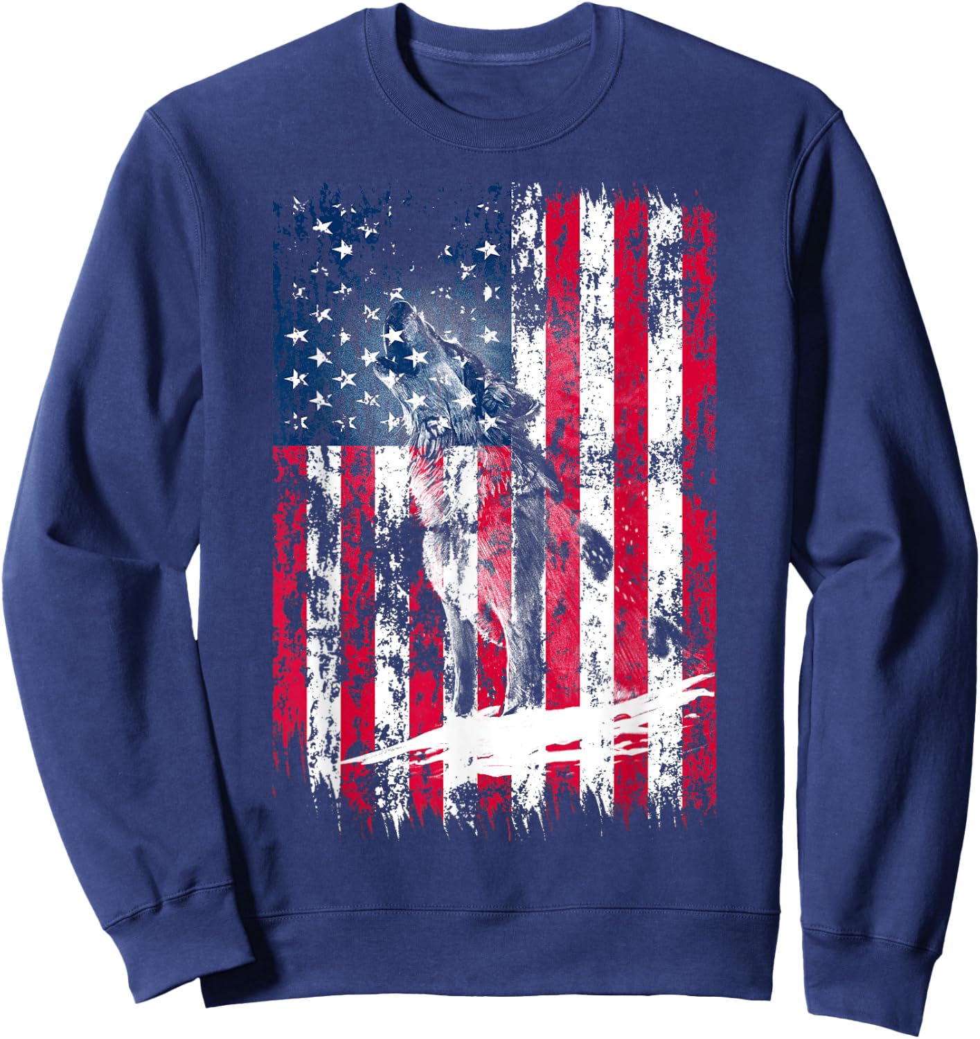 American Flag Howling Wolf Distressed Vintage Flag Men Sweatshirt - Sweatshirt | Navy