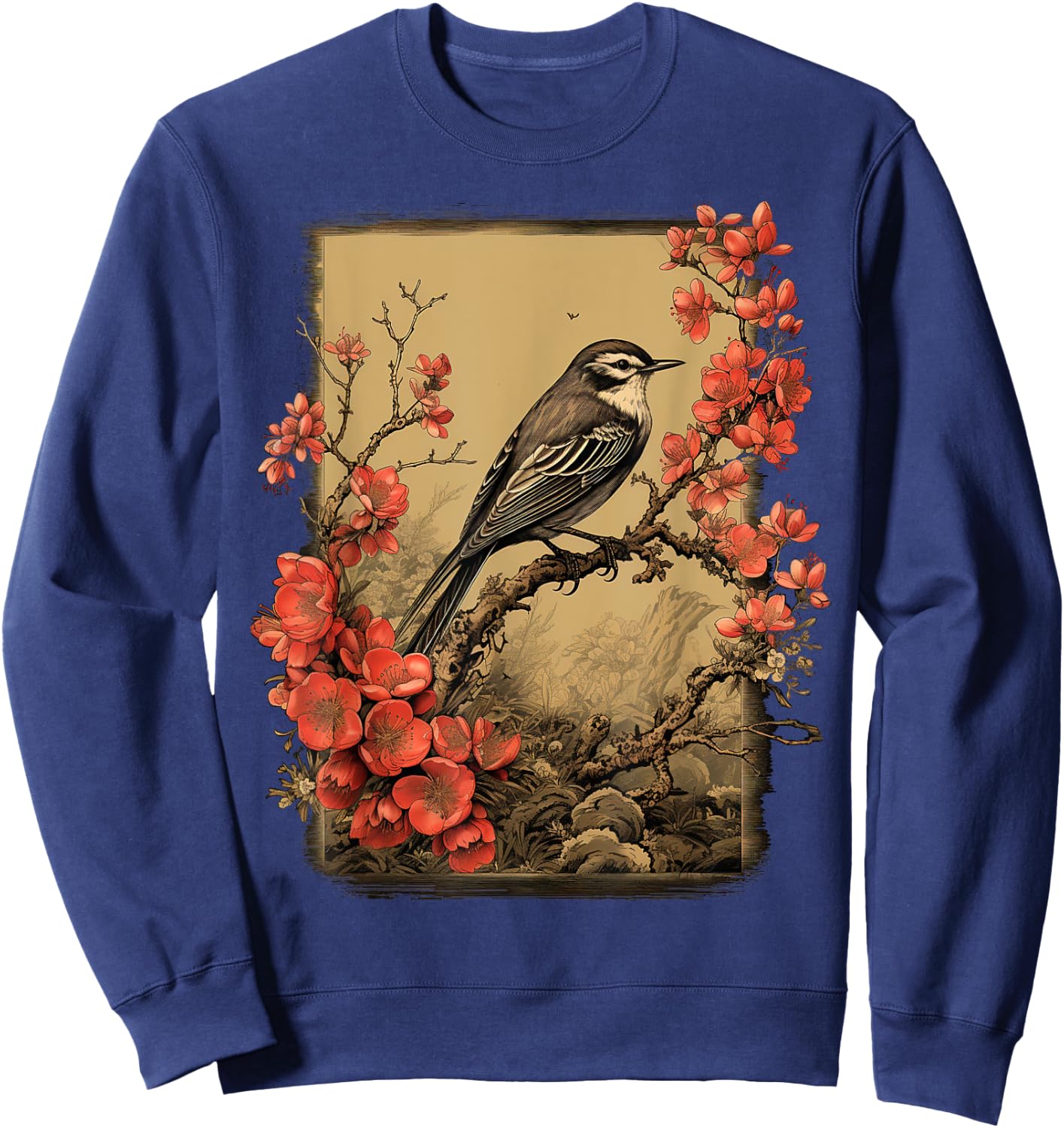 Vintage Bird and Flowers Japanese Art Sweatshirt - Sweatshirt | Navy
