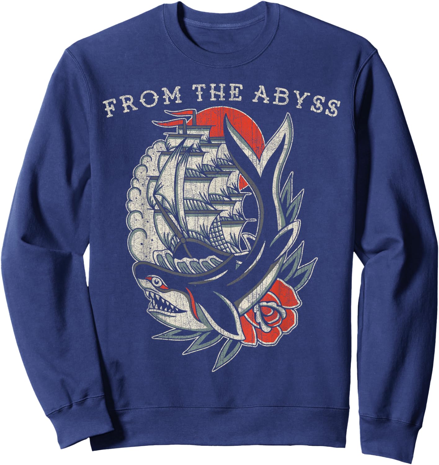 From the Abyss, Traditional Old School Ship & Shark Tattoo Sweatshirt - Sweatshirt | Navy
