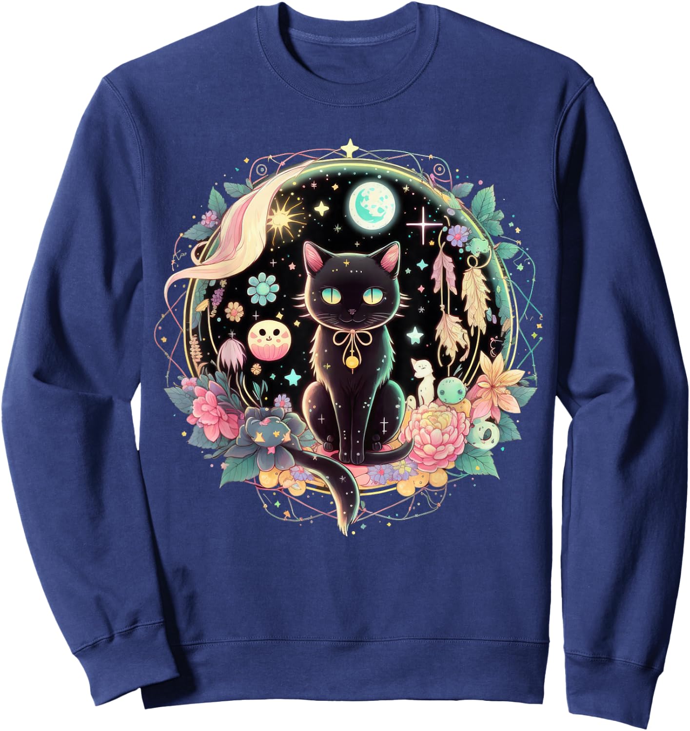 Moon Phases Crystal Witchy Cute Black Cat Kawaii Pastel Goth Sweatshirt - Sweatshirt | Navy