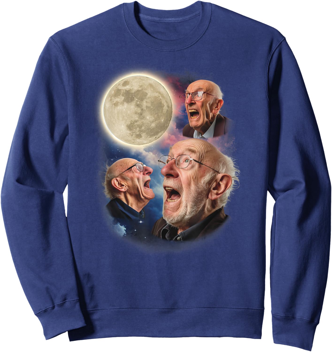 Three Grandpa Moon Old Men Howl At Moon Weird Cursed Meme Sweatshirt - Sweatshirt | Navy