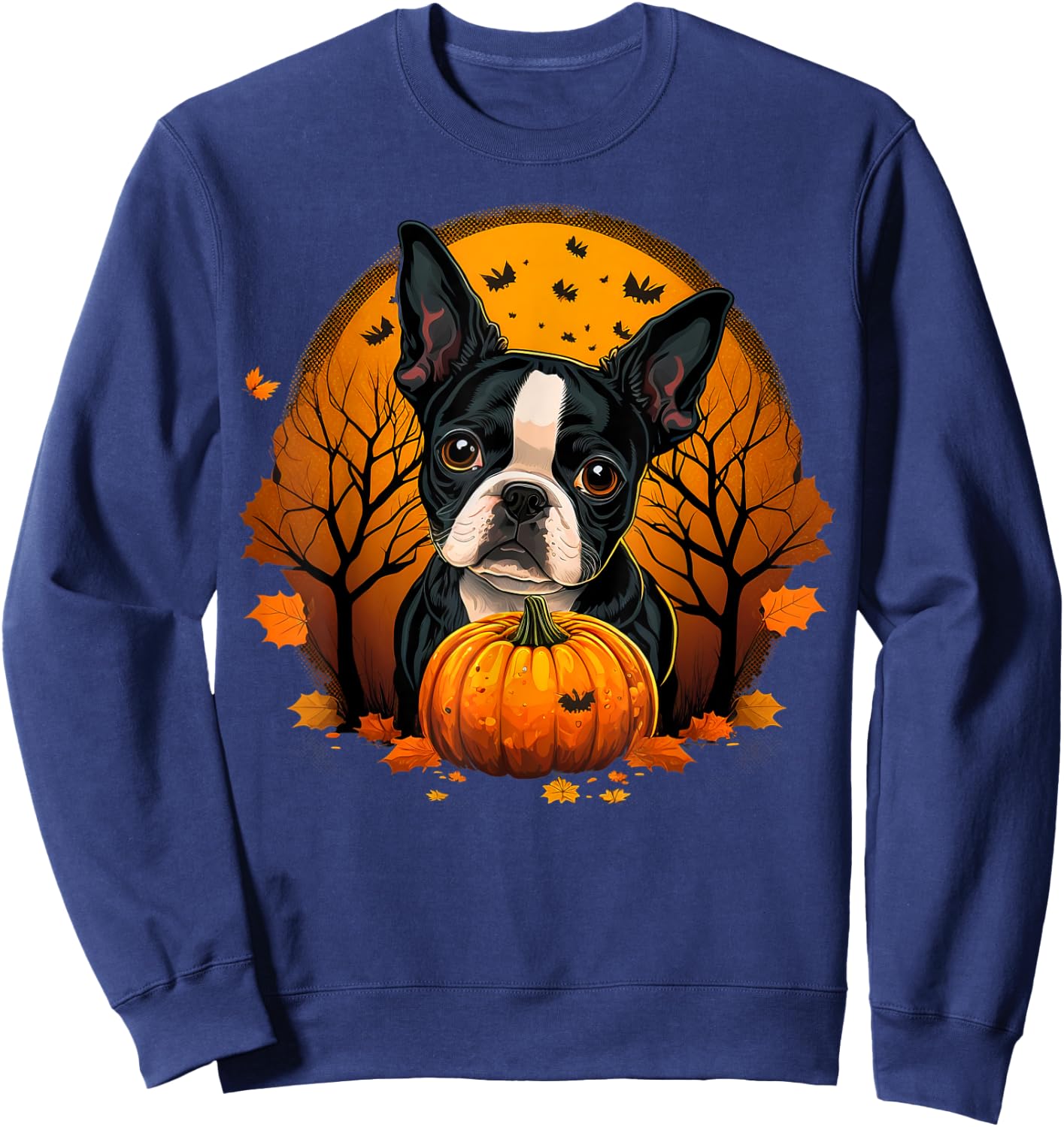 Pumpkin Boston Terrier Costume on Boston Terrier Halloween Sweatshirt - Sweatshirt | Navy