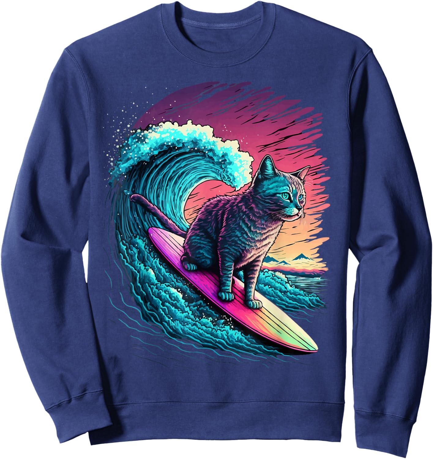 Vintage 80s Vaporwave Synthwave Retro Surfing Cat Kitten Sweatshirt - Sweatshirt | Navy