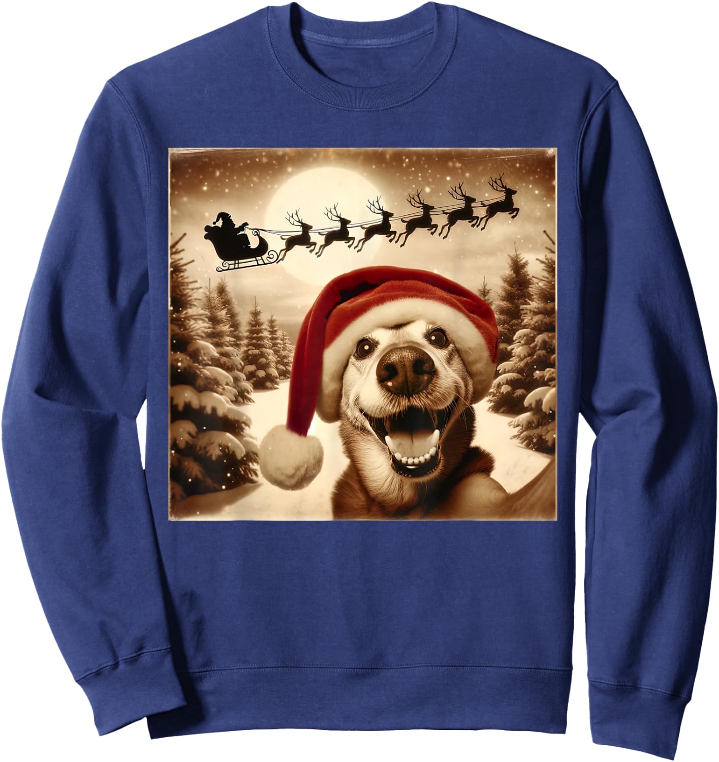 Funny Dog Selfie With Santa's Sleigh Weird dog Christmas Women Girls Kids Sweatshirt - Sweatshirt | Navy