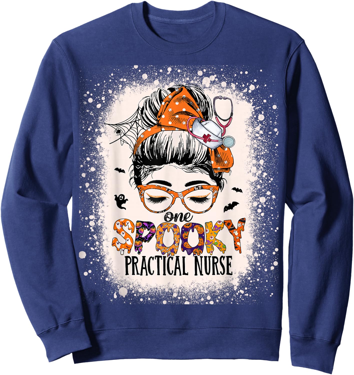Messy Bun Spooky Practical Nurse Halloween Lpn Nurse Sweatshirt - Sweatshirt | Navy