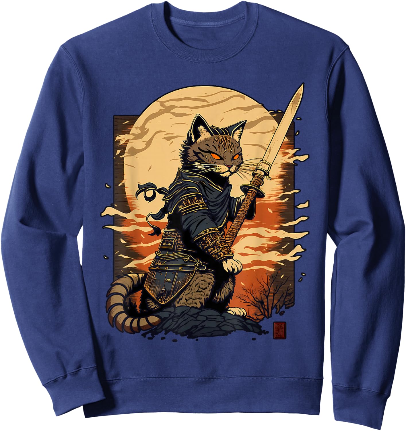 Retro Japanese Warrior Katana Ninja Cat, Samurai Kitten Sweatshirt - Sweatshirt | Navy