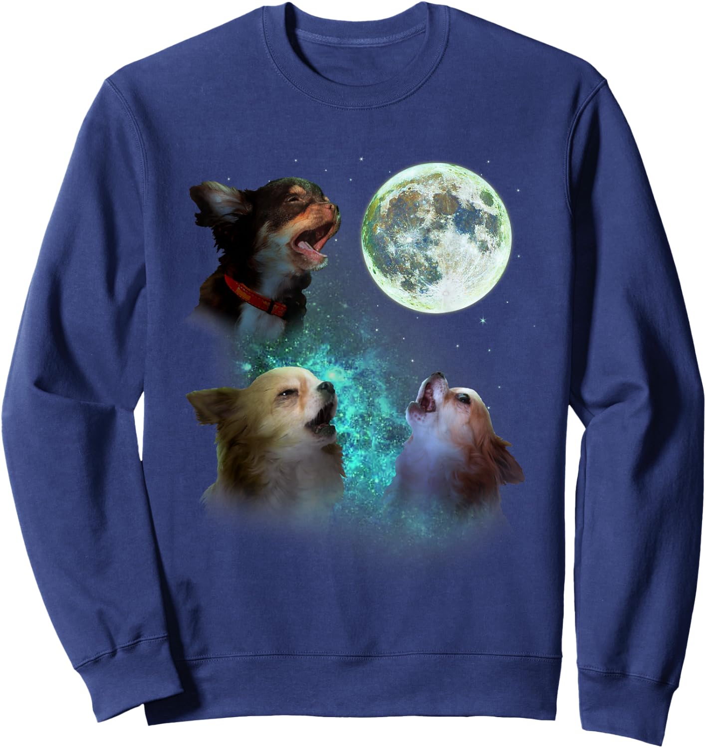 Three Long Hair Chihuahuas Howl At Moon 3 Wolf Wolves Parody Sweatshirt - Sweatshirt | Navy