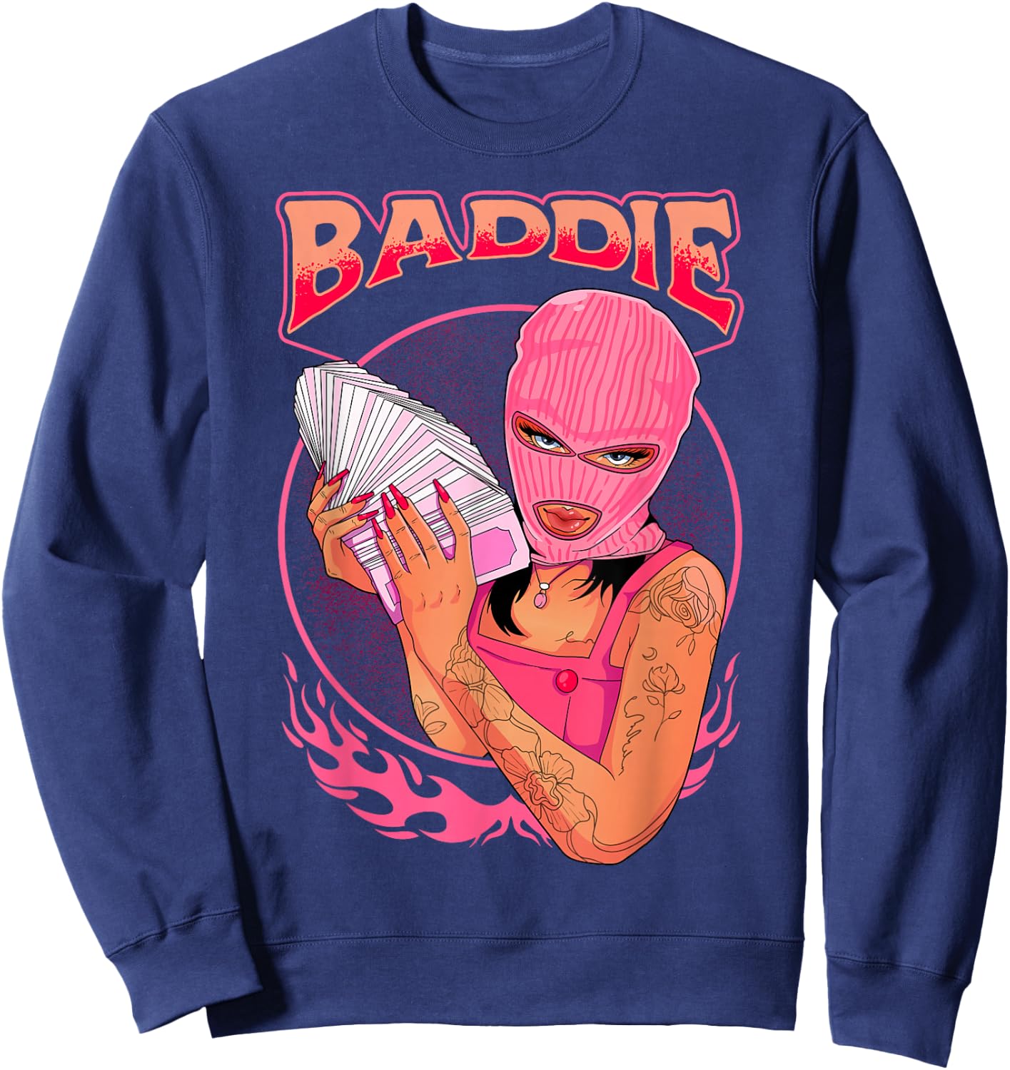 Baddie Bad Girl Stack of Cash Pink Style Sassy Character Sweatshirt - Sweatshirt | Navy