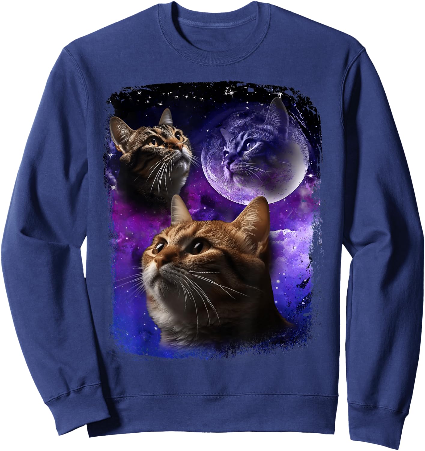 Cat Howling at Moon Galaxy Funny Three Cats Howl wolf meme Men Women Sweatshirt - Sweatshirt | Navy