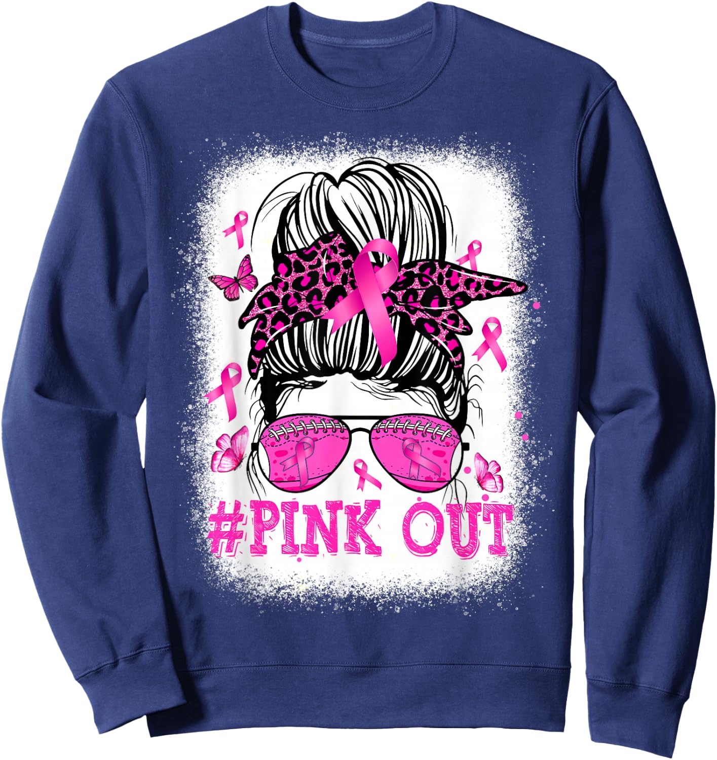 Bleached Pink Out Messy Bun Football Breast Cancer Awareness Sweatshirt - Sweatshirt | Navy