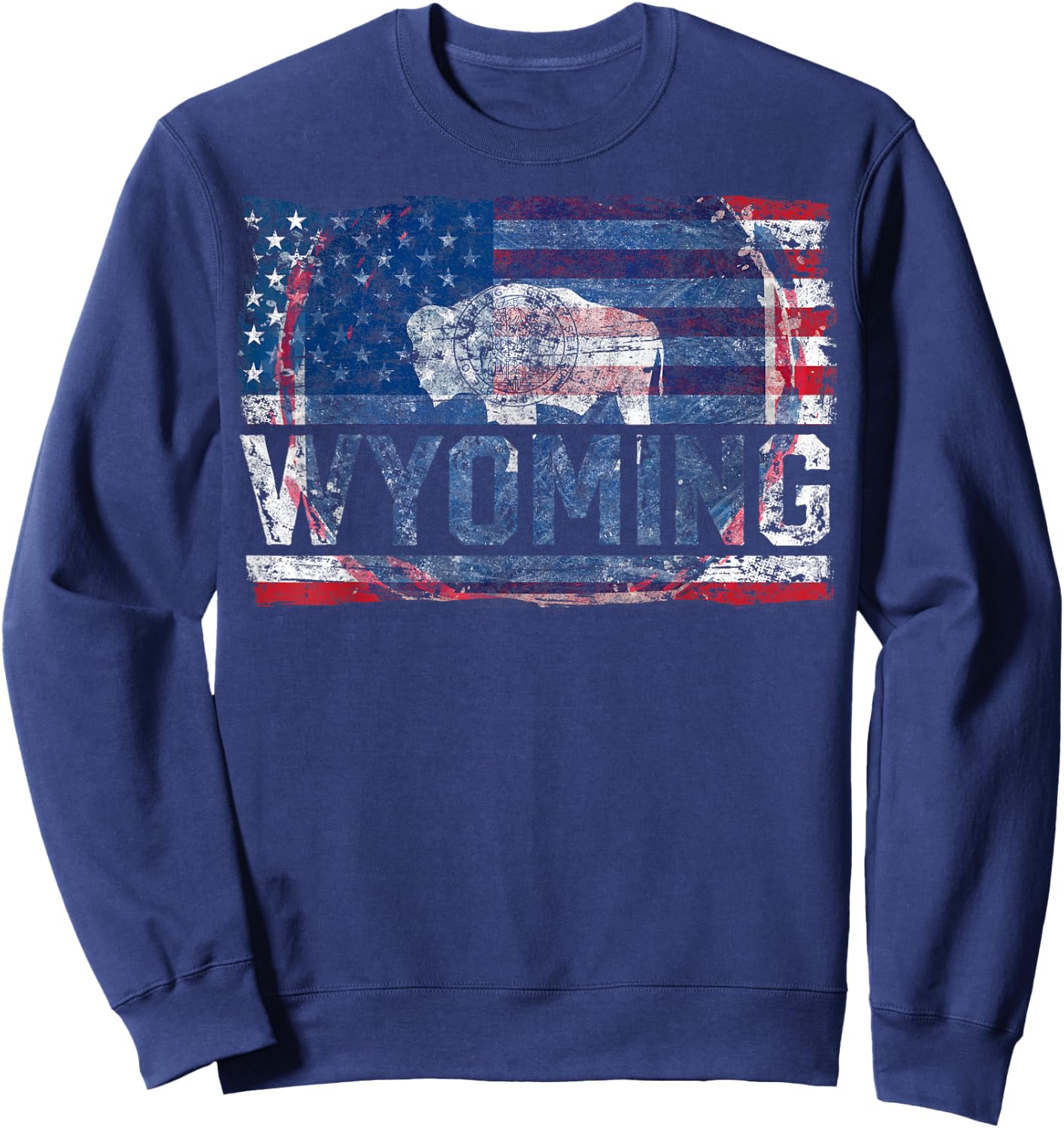 Vintage Wyoming Cowboy State US Flag Buffalo National Parks Sweatshirt - Sweatshirt | Navy