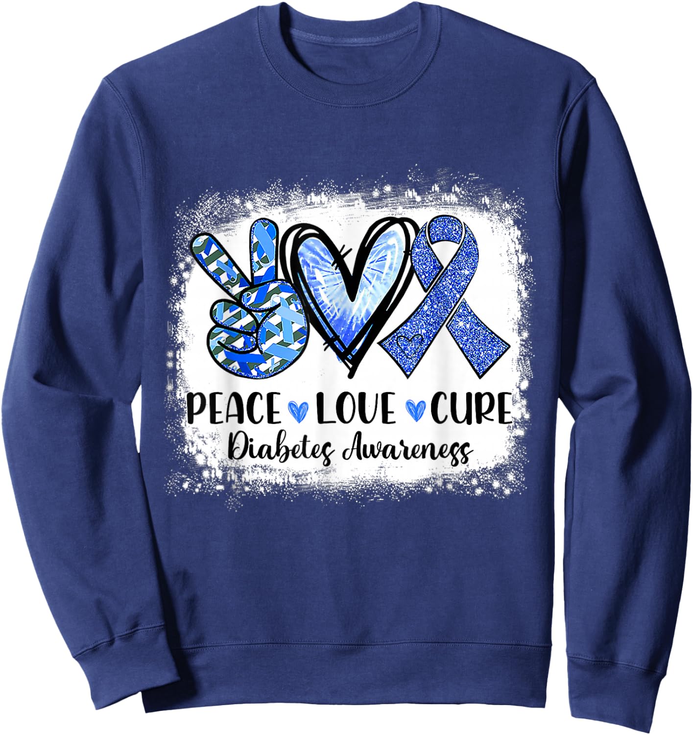 Peace Love Cure Type 1 Diabetes Awareness T1d Blue Ribbon Sweatshirt - Sweatshirt | Navy