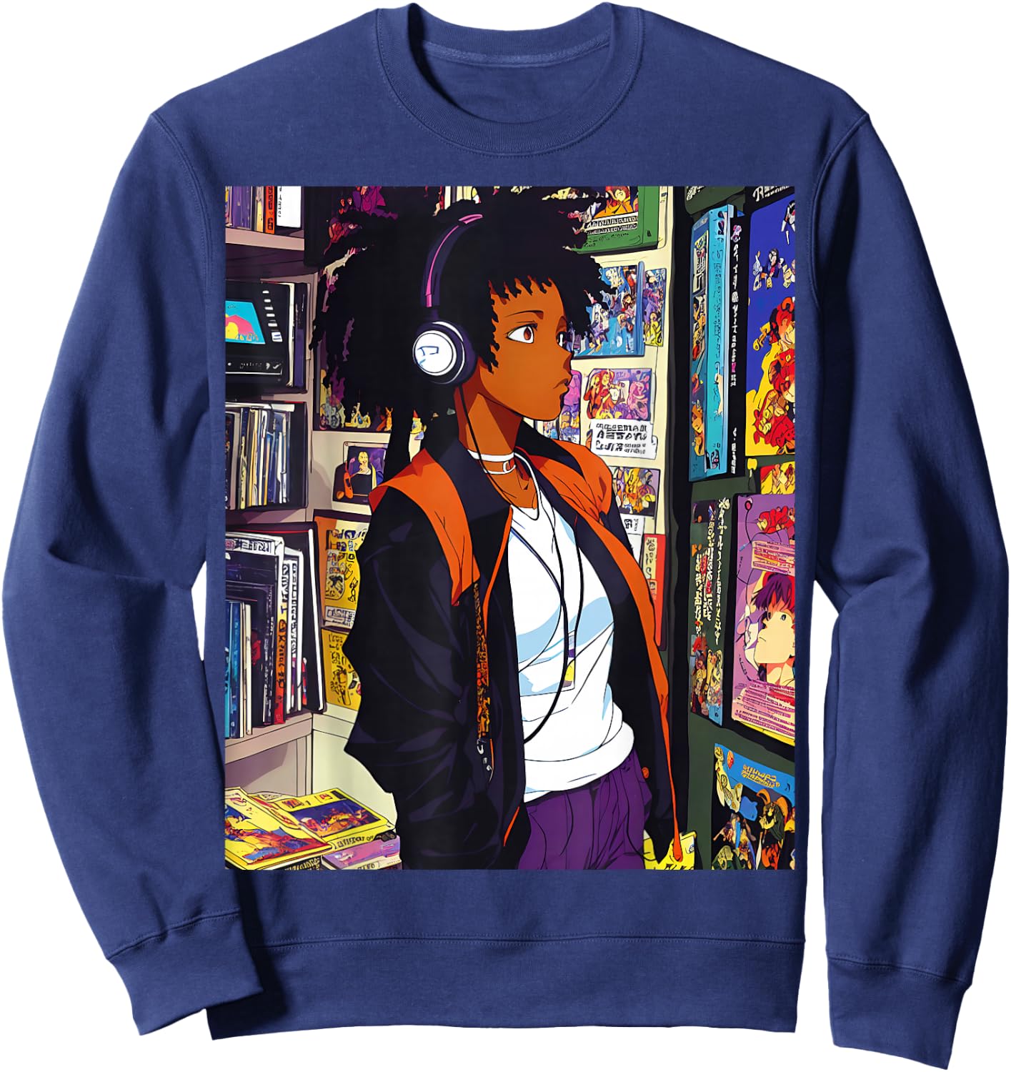 Anime Black Girl Lofi Music 90s Retro Afro Cartoon Sweatshirt - Sweatshirt | Navy