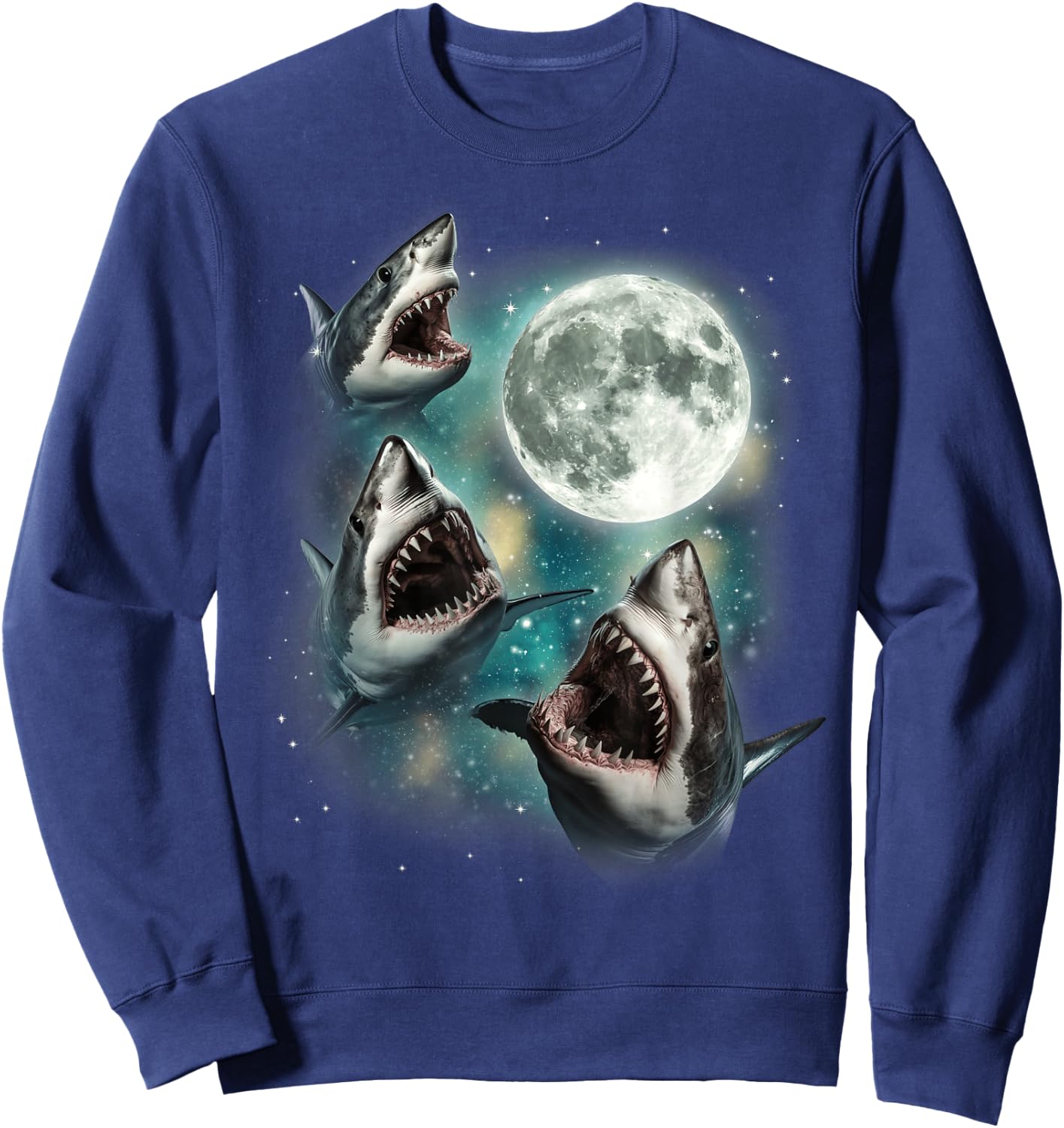 Three Shark Moon | 3 Great Whites Howling Wolfs Moon Parody Sweatshirt - Sweatshirt | Navy