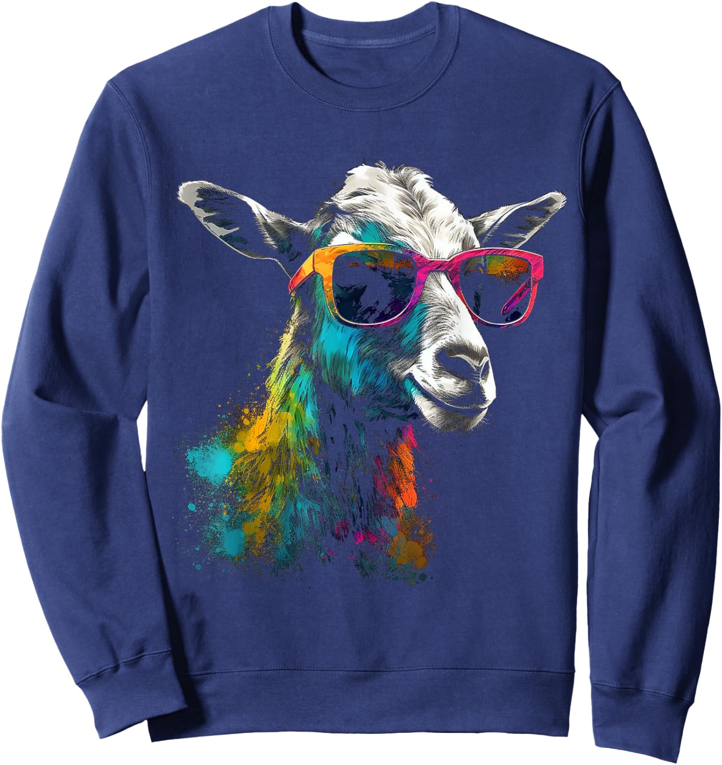 Goat Lover Artwork Sunglasses | Colorful Animal Motif Goat Sweatshirt - Sweatshirt | Navy