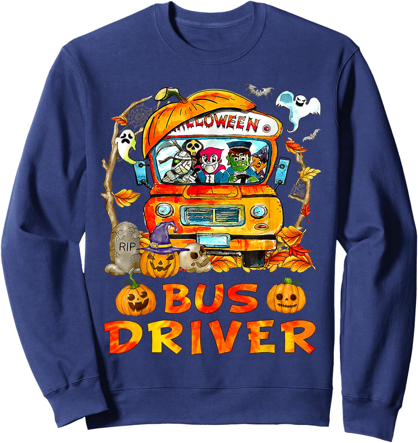 School Bus Driver Pumpkin Season Skeleton Fall Halloween Sweatshirt - Sweatshirt | Navy