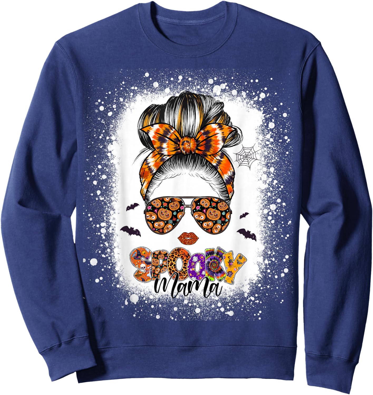 Spooky Mama Halloween Monster Messy Bun Skull Mom Bleached Sweatshirt - Sweatshirt | Navy