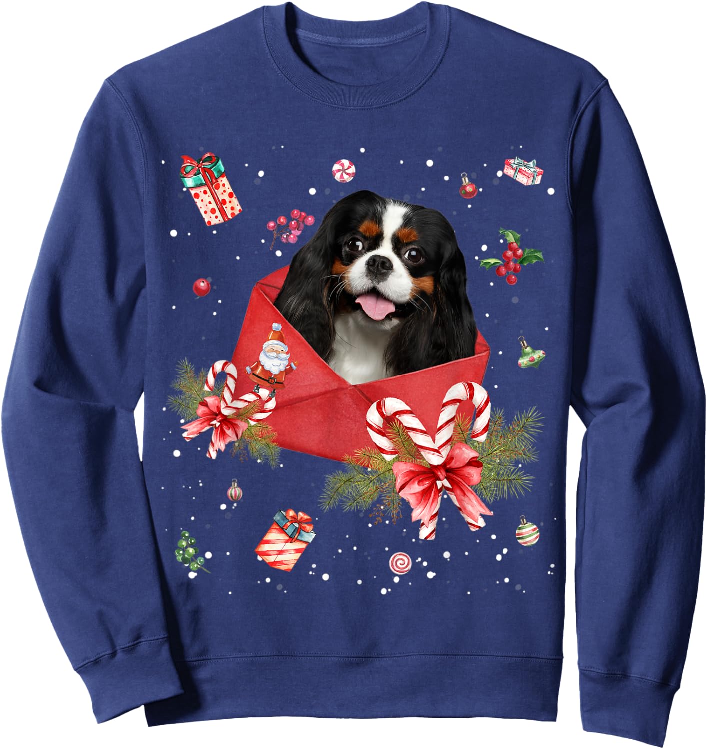 Cavalier King Charles Spaniel In Christmas Card Pajama Xmas Sweatshirt - Sweatshirt | Navy
