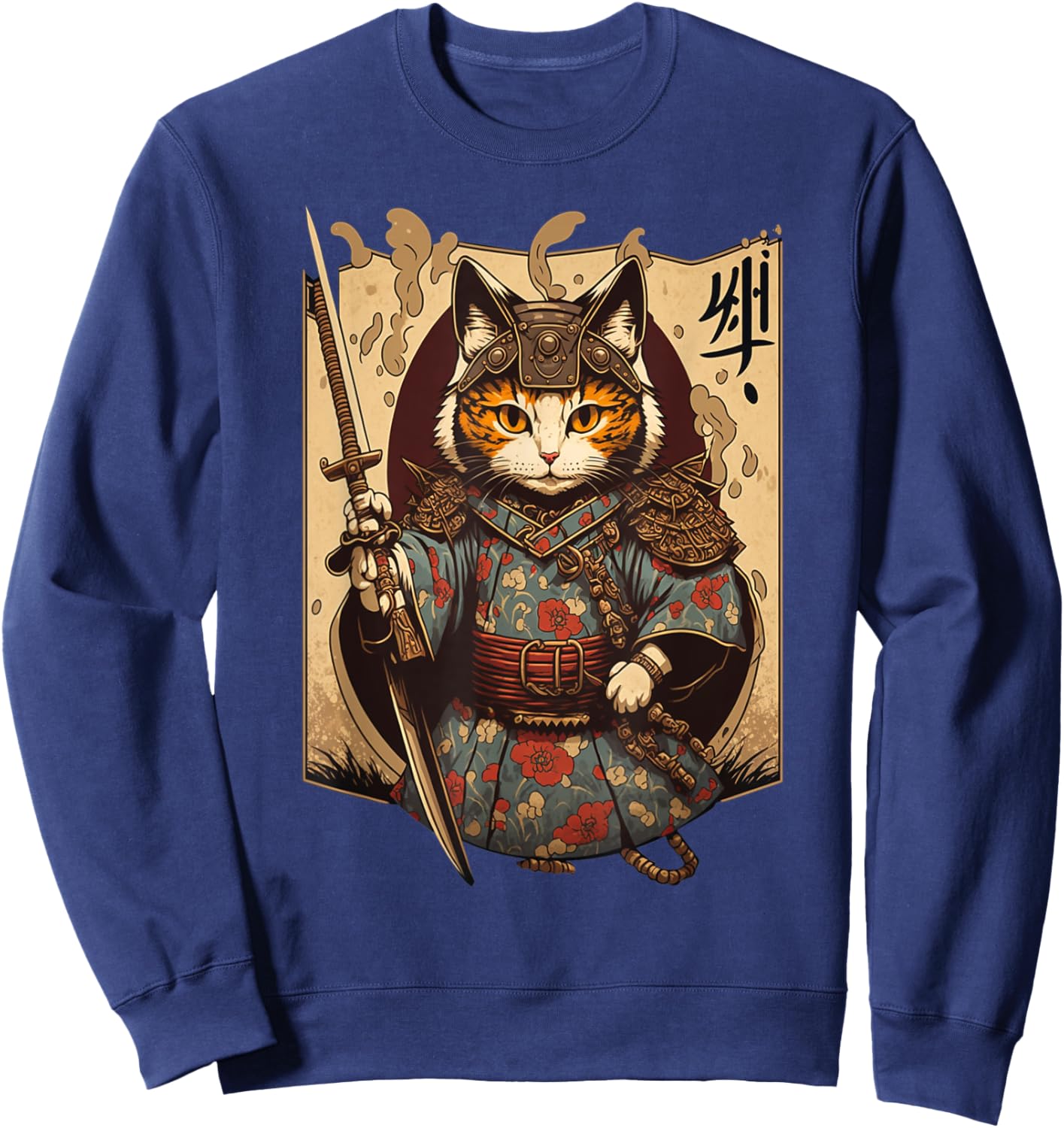 Retro Japanese Samurai Ninja Cat Kawaii Tattoo Graphic Style Sweatshirt - Sweatshirt | Navy