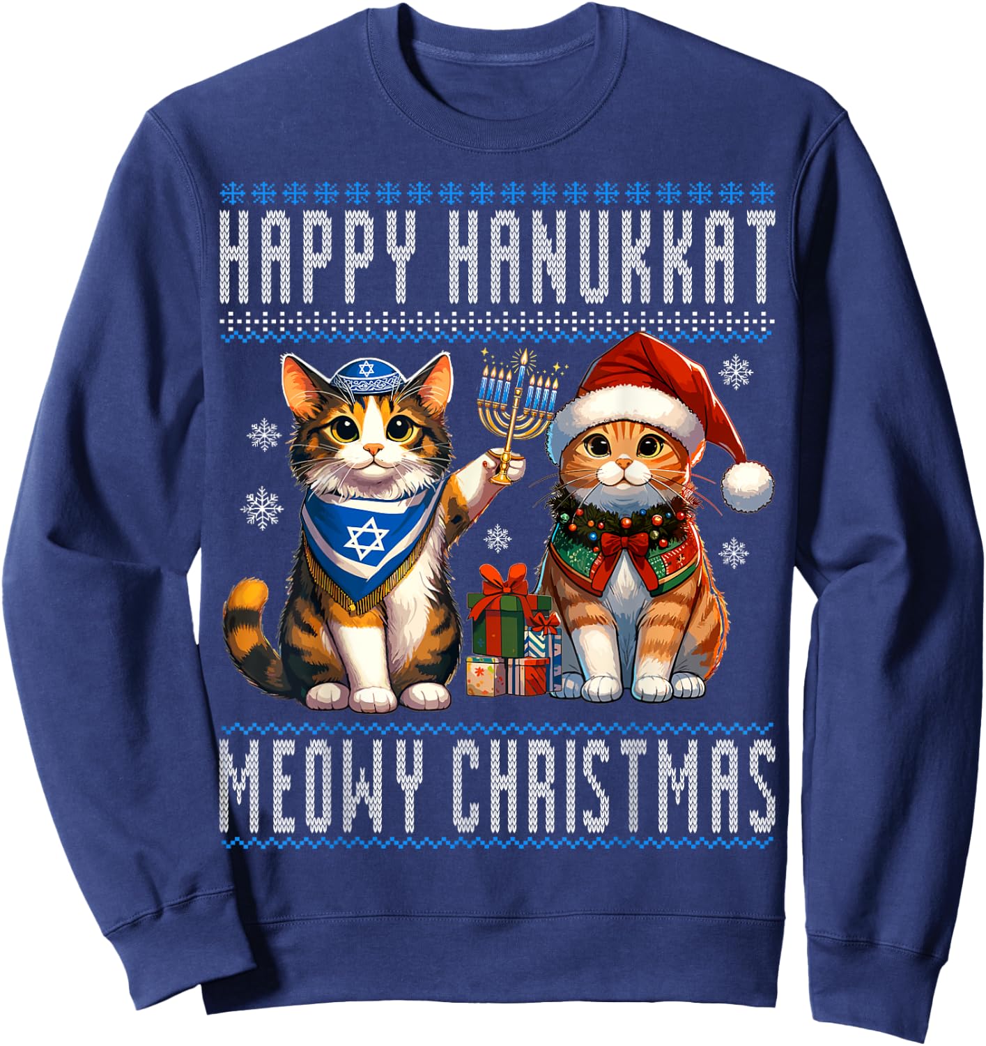 Cat Merry Christmas Happy Hanukkah Jewish Christian Men Women Kids Sweatshirt - Sweatshirt | Navy