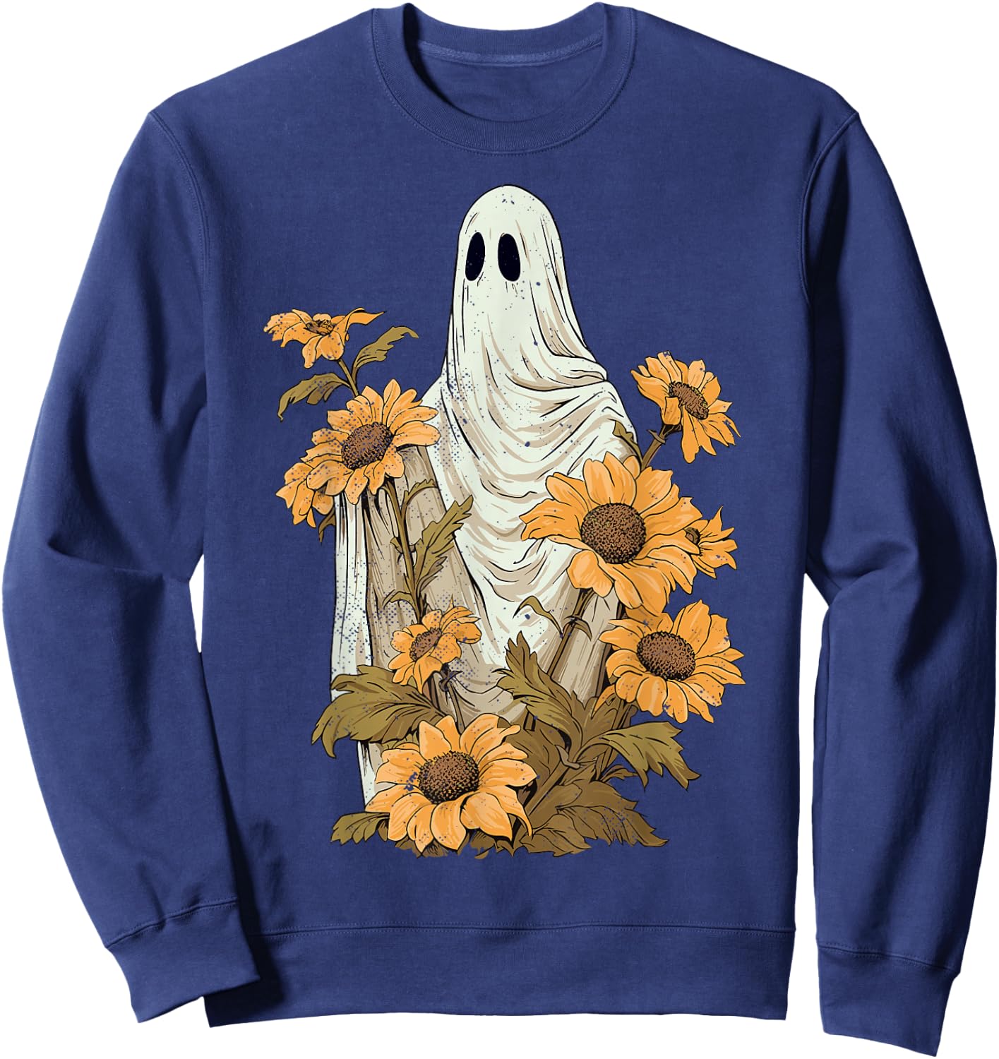 Vintage Floral Ghost Sunflowers Spooky Halloween Graphic Sweatshirt - Sweatshirt | Navy