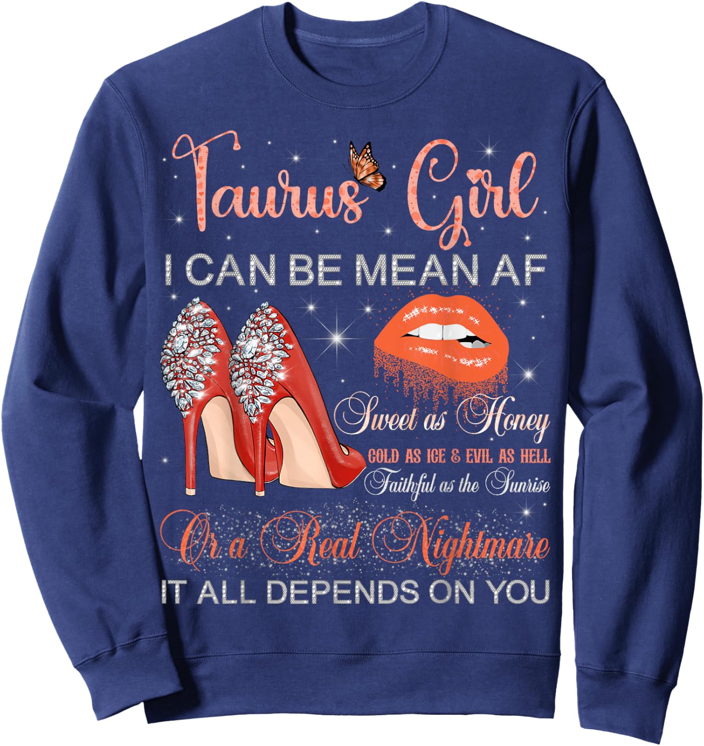 Taurus Girl Birthday High Heels Dripping Lips Butterfly Sweatshirt - Sweatshirt | Navy