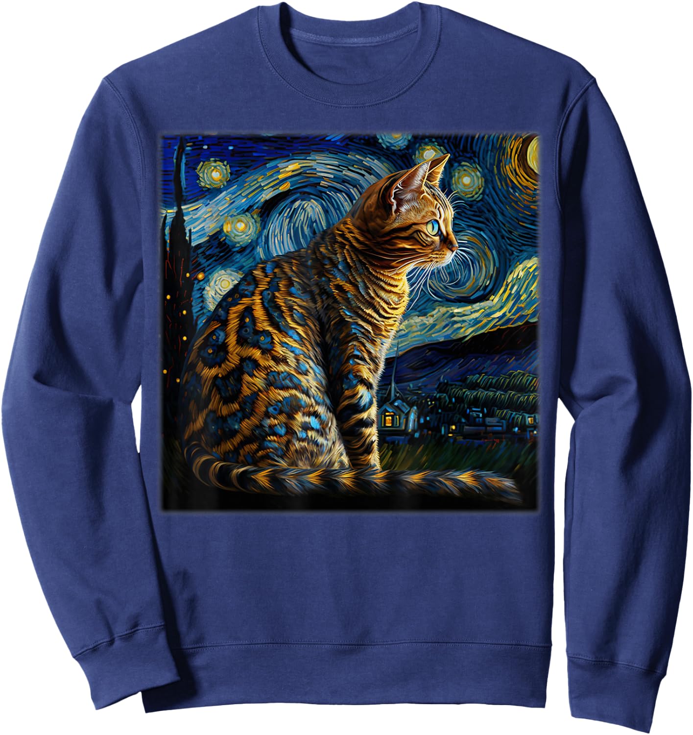 Surrealism Starry Night Bengal cat Sweatshirt - Sweatshirt | Navy