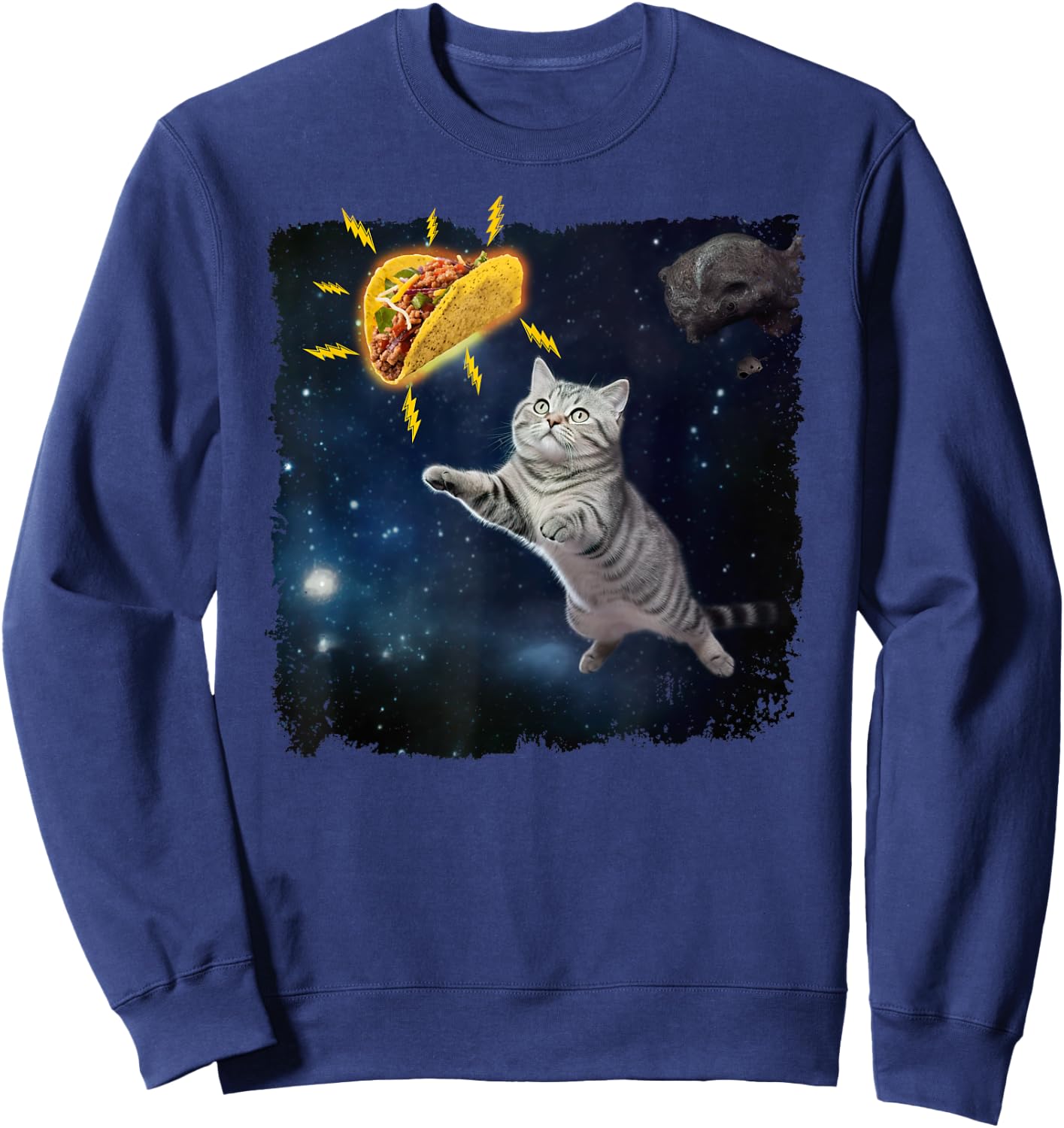 Funny Cat Astronaut and Taco in Space Mexican Food Sweatshirt - Sweatshirt | Navy