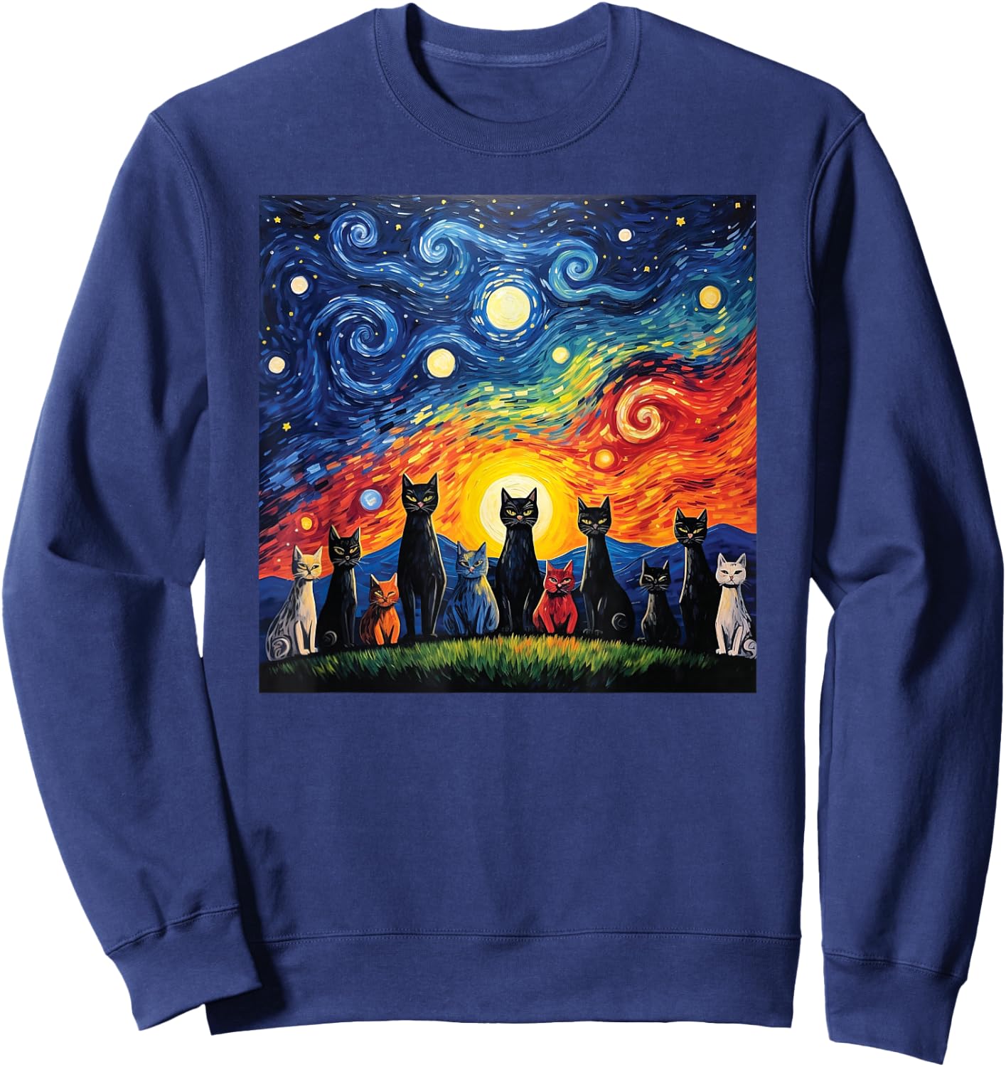 cats family Painting art Starry Night kitty kitten Van Gogh Sweatshirt - Sweatshirt | Navy