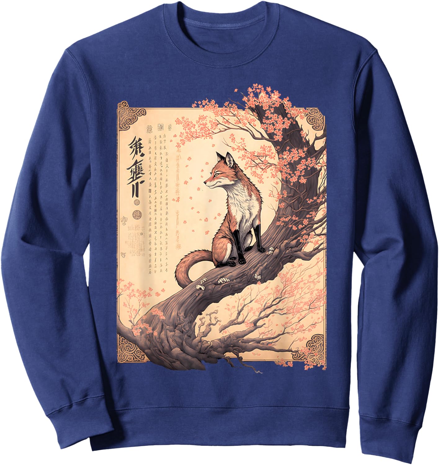 Vintage Cherry Blossom Japanese Fox Scroll Graphical Art Sweatshirt - Sweatshirt | Navy