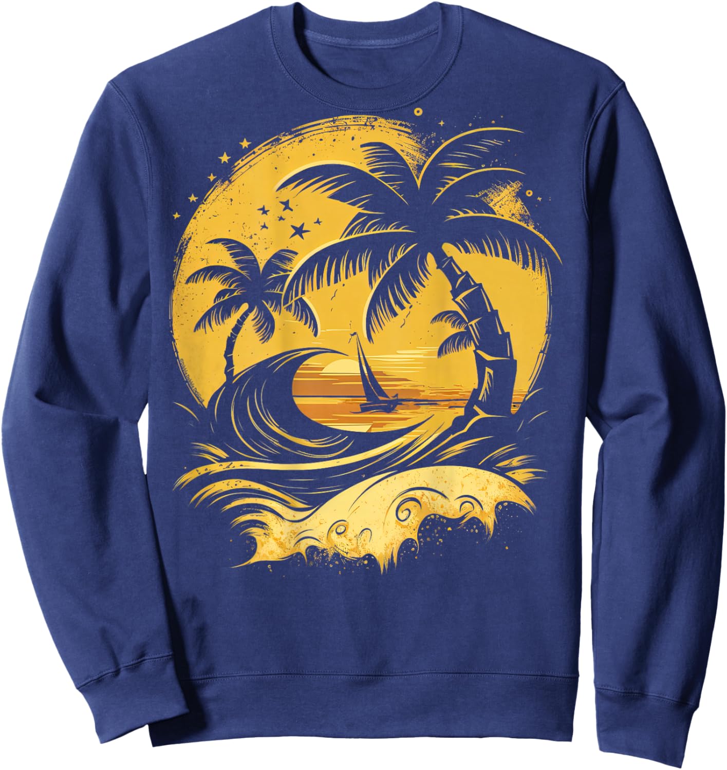 ON Back Tropical Palm Trees Sailboat Beach Island Sunset Sweatshirt - Sweatshirt | Navy