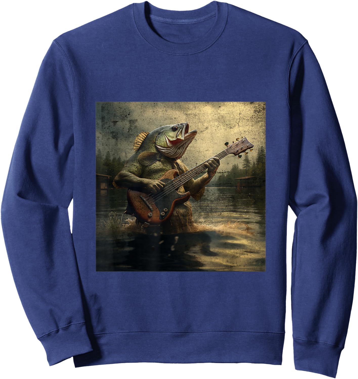 Weird Bass Fish Playing Bass Guitar Funny Cursed Meme Sweatshirt - Sweatshirt | Navy